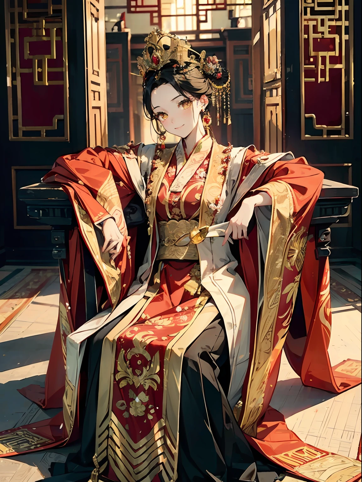 1 woman，Yellow eyes，red and gold dress, hanfu ,chinese clothes,tiara, crown，((Black coiled hair))，Faraway view，Bright lighting，gold earring，ssmile，Sit in a chair，a backdrop of：Ancient Chinese royal palace，