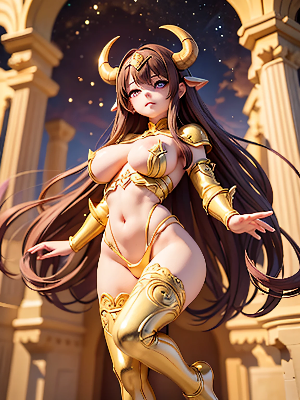 high qulity，golden taurus，littlegirl，Big-headed blind box，Taurus，Long brown hair，Brown pupils，bare footed，Gold armor，ornate garment，The vast universe，Exquisite facial features，fullllbody，Straight breasts，Protagonist perspective，spacious，Faraway view，Look at the audience，standingn