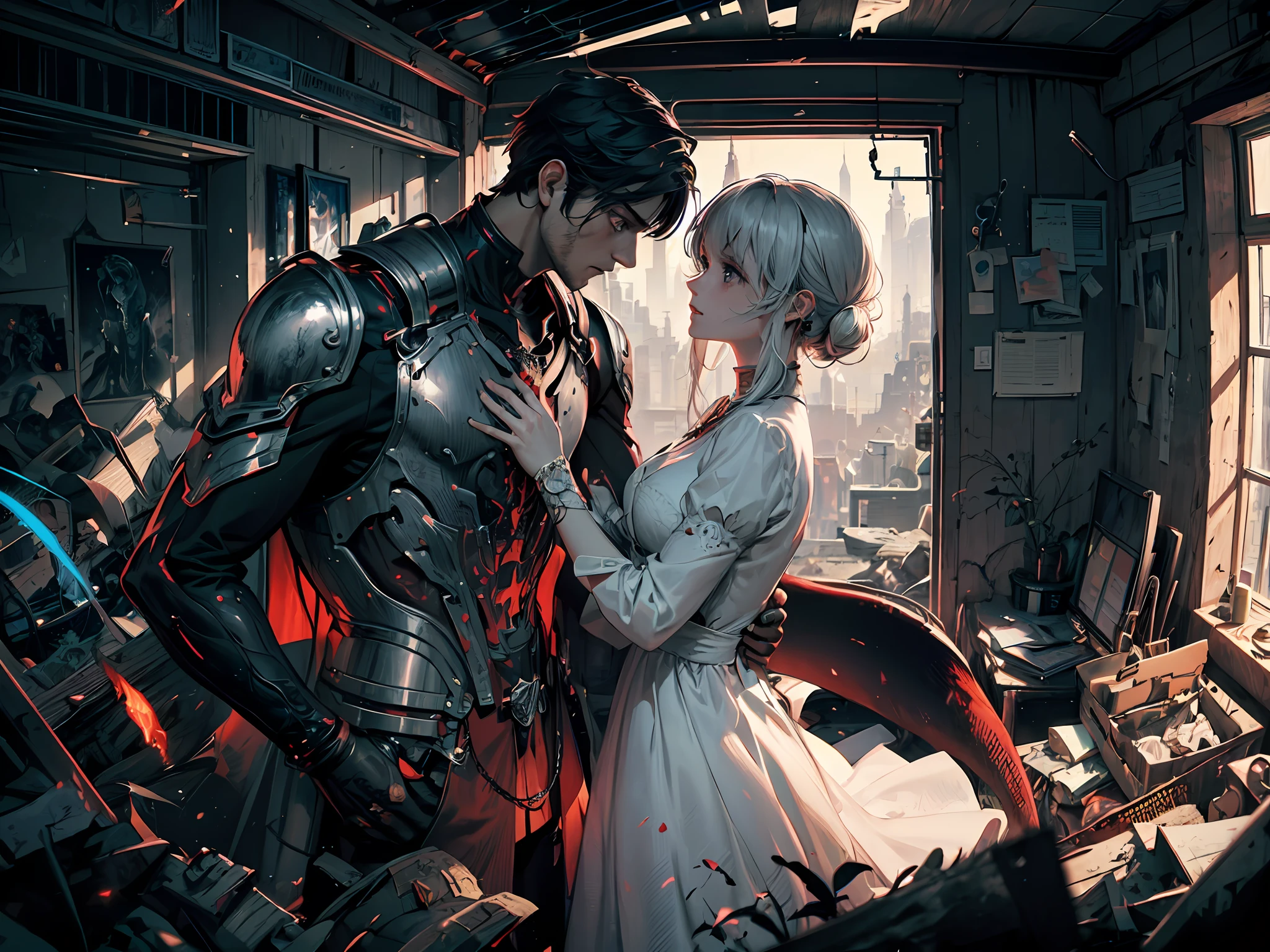 (romantic relationship between 1girl and 1boy), [Yuri,sfv], (forbidden love), 2person : {1eldritch girl, 1monsterboy}, girl wearing white dress, boy wearing black armor, dynamic view, The wide-angle,Cowboy shot, beautiful emphasizing on face and eyes, sweetly detailed,intricate scenery, Contrast,[Rust,Silver,blood],professional coloring,sumptuous artwork,artistic representation of devastation, twisted romantic aesthetic,(illustration,extremely precisely drawn:1.2), A high resolution,Best quality