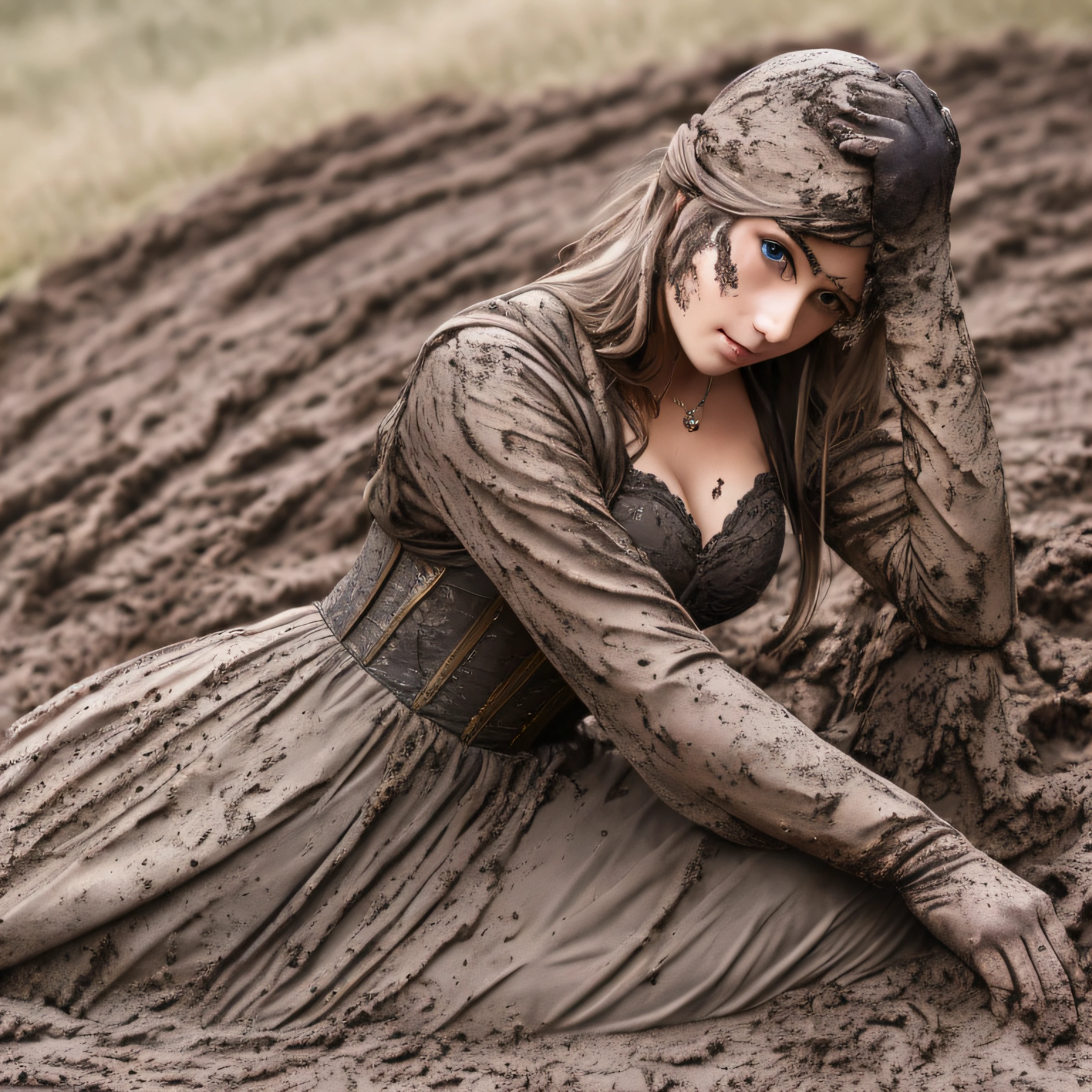 Hyperrealistische Fotografie, 2 Frauen stehen im Schlamm, Schlammspritzer im Gesicht, die Gesichter sind mit Schlamm verschmiert, 30-year-old women smeared with mud, Lena Meyer Landrut, long white gloves satin smeared with mud, short white prom gown smeared with mud White with Swarovski jewelry smeared with mud, Perlenkette mit Schlamm verschmiert, underbust corset weiß smeared with mud, ruffles, pointy pumps white high heels smeared with mud, Fishnet tights white smeared with mud, the entire body, schwarze lockige Haare mit Schlamm verschmiert, die Kleidung ist mit Schlamm verschmiert, High quality, realistische Beleuchtung, Bildmitte, Sanduhrproportionen, 8K, HDR, BDSM, medium breast size, lange Beine, professionelle Fotografie einer Frau, natural skin texture smeared with a lot of mud, 4K-Texturen, Adobe Lightroom, Fotolabor, HDR, kompliziert, elegant, sehr detailliert, scharfer Fokus, wahnsinnige Details, komplizierte Details, hyperdetailliert, Helles Kinolicht, Außenatmosphäre, Kinn hochgezogen, (exponierter Bauch: 1,8 ), (Fernaufnahme), dominanter Gesichtsausdruck