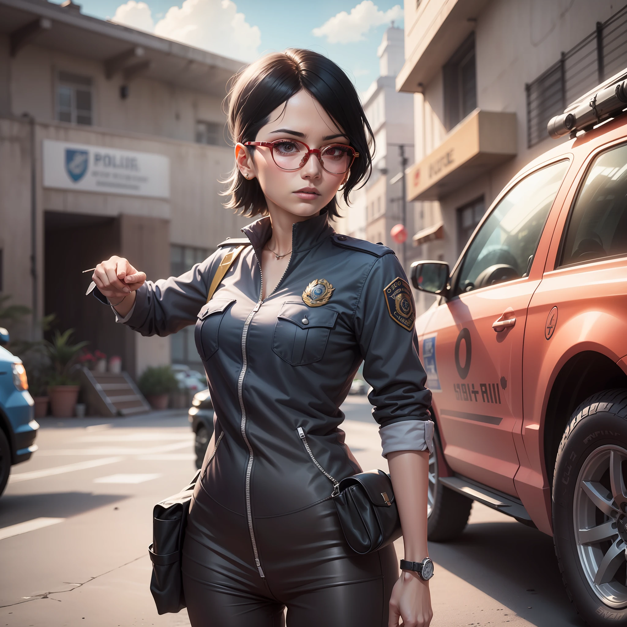 Sarada in offical  police uniform , sunglasses , police car in background , masterpiece , great details, best quality, 8k , great illustration.