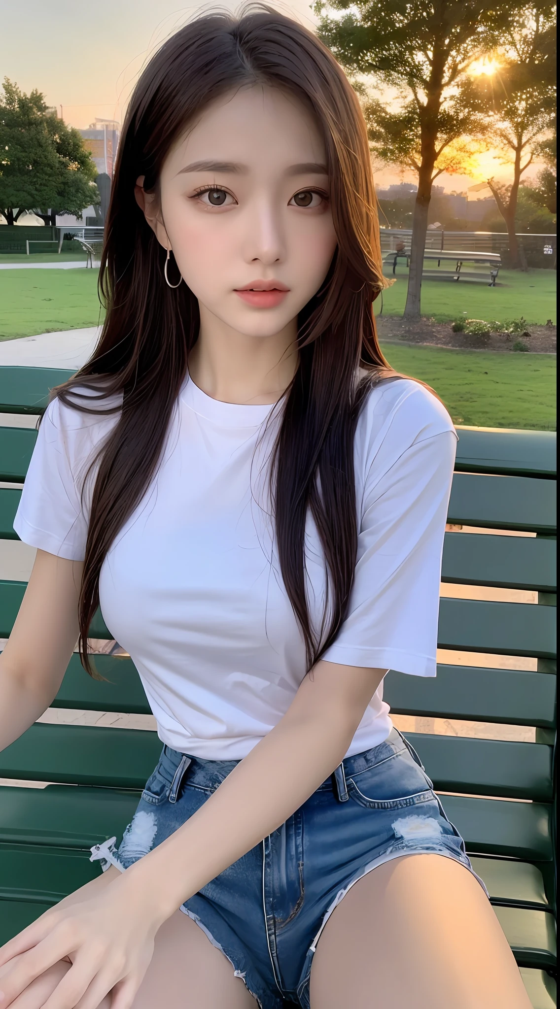 ((Sunset, Best quality, 8k, Masterpiece :1.3)), Whole body, Long legs, Sharp focus :1.2, A pretty woman with perfect figure :1.4, Slender abs, slender thigh :1.1, ((Dark brown hair, Big breasts :1.2)), (White tight tshirt, Jean shorts, Sitting:1.2), ((sunset, park bench :1.3)), Highly detailed face and skin texture, Detailed eyes, Double eyelid, soft light