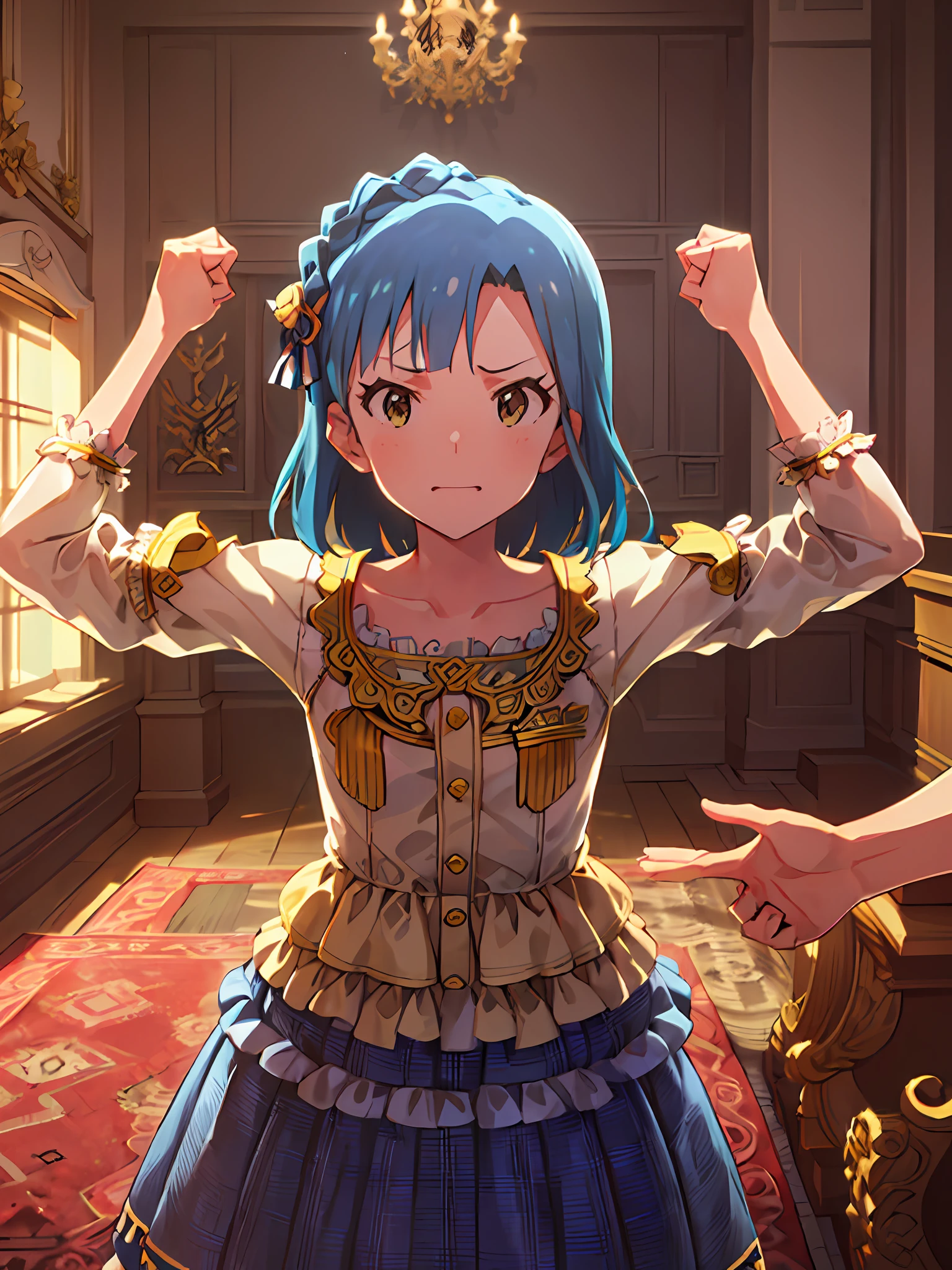 yuriko nanao (million live). Short stature. white t-shirts. suspenders.Skirt.(((masutepiece))).(((Best quality))).)((Ultra-detailed))).(((Illustration))). (((Put your hands on your hips))).((a room)).make a fist.up chest.Look at viewers.Despair face.natta.inside the house.sit ch.