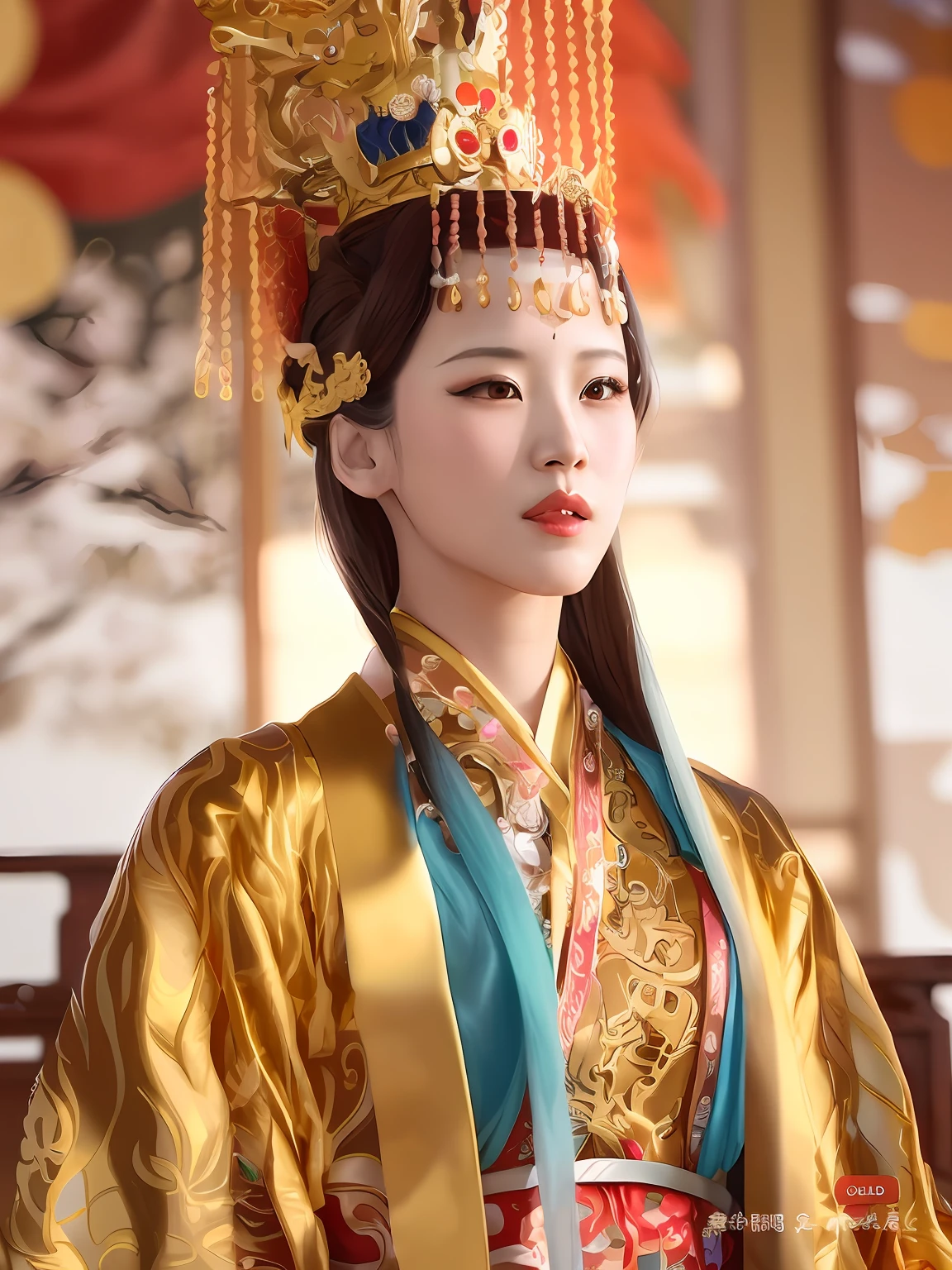 a close up of a woman wearing a gold and red headpiece, Wearing ancient Chinese clothes, wearing gilded red robes, chinese empress, Hanfu, Princesa chinesa antiga, wearing gilded red royal robes, royal palace ， A girl in Hanfu, Traditional Chinese clothing, a beautiful fantasy empress, ancient asian dynasty princess, China Princess, ancient chinese beauties, ((a beautiful fantasy empress))