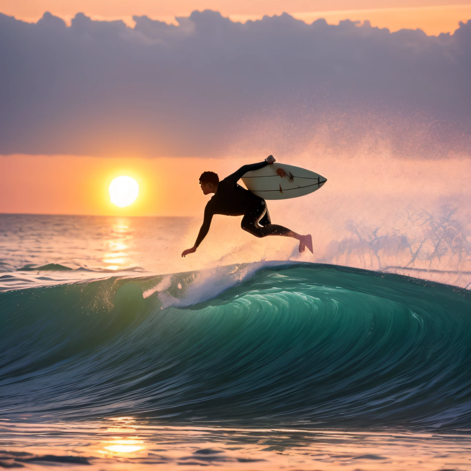 Real photo with professional camera Minimalist details 8K resolution A surfer in the sea on a big wave at sunset Bright crisp colors The sun refracts and creates beautiful sparkles with color gamuts Wind and foam create like a veil of multicolored translucent water --auto