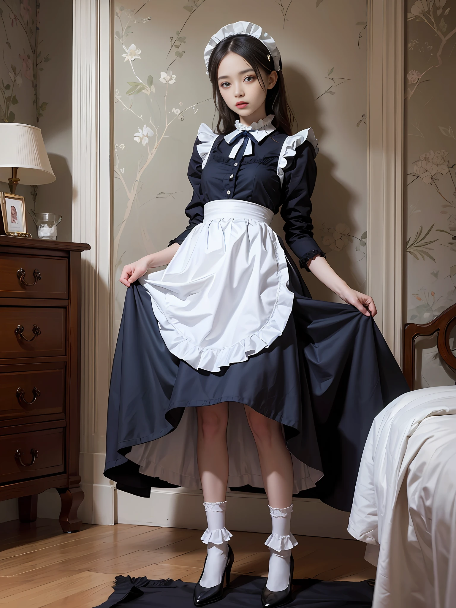 fullllbody、The high-contrast, The ultra -The high-definition, Outstanding detail, 8K, Blush face, with blush cheeks, Nikon Z9, 30mm lens、Sharp Focus Face、F / 4、ISO 200、shutter 1/250、Beauty Light、medium shot、Unripe、intricate-detail、awardwinning photo、Excellent contrast、High Sharpness、Facial symmetry、bokeh dof、ultra detali、(A hyper-realistic), (illustratio), (large resolution), (8K), (highly detaile), (best illustration), (beautiful-detailed eyes), (beste-Qualit), (ultra detali), (​masterpiece), (wall-paper), (details face), 独奏, 1 girl in, loose wavy hair, Maid headband with frills、Iris heterochromatic eyes, small moles under eyes, White ruffled blouse, ((Dark blue ribbon ties)), Black flared long skirt、Victorian、(((white frilled apron))), camel's toe, White silk ankle length socks, Black Strap Pumps、Bedroom in a peaceful mansion with decorations, Chandeliers and candles、(Perfect ???????)