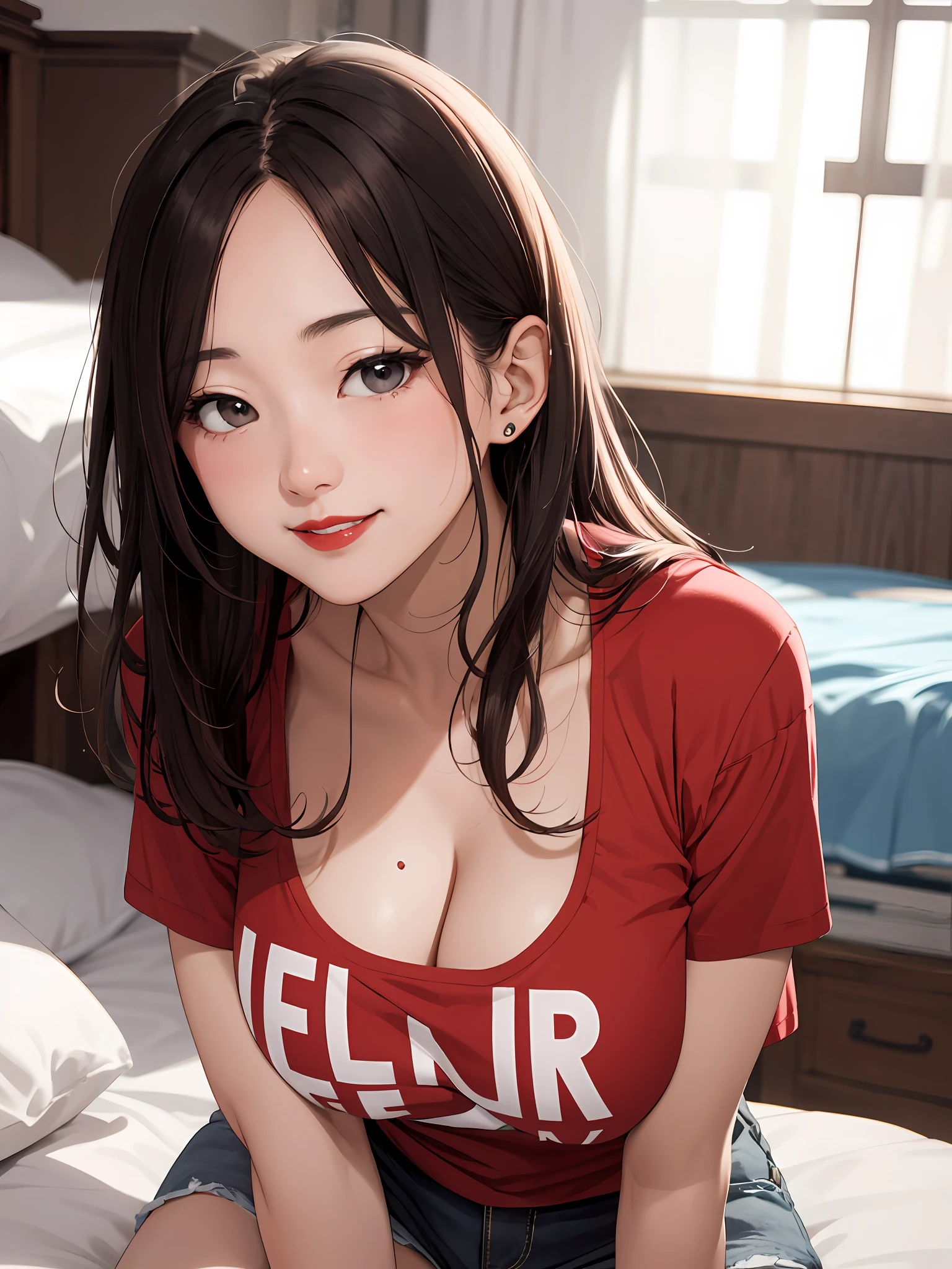 realisticlying、45-year-old girl、T-shirt wearing,Face enhancement,Chest super large zoom,Cleavage emphasis,Looking up from the bottom,Smile,Blushing,Red lips,A sexy,Bed sit