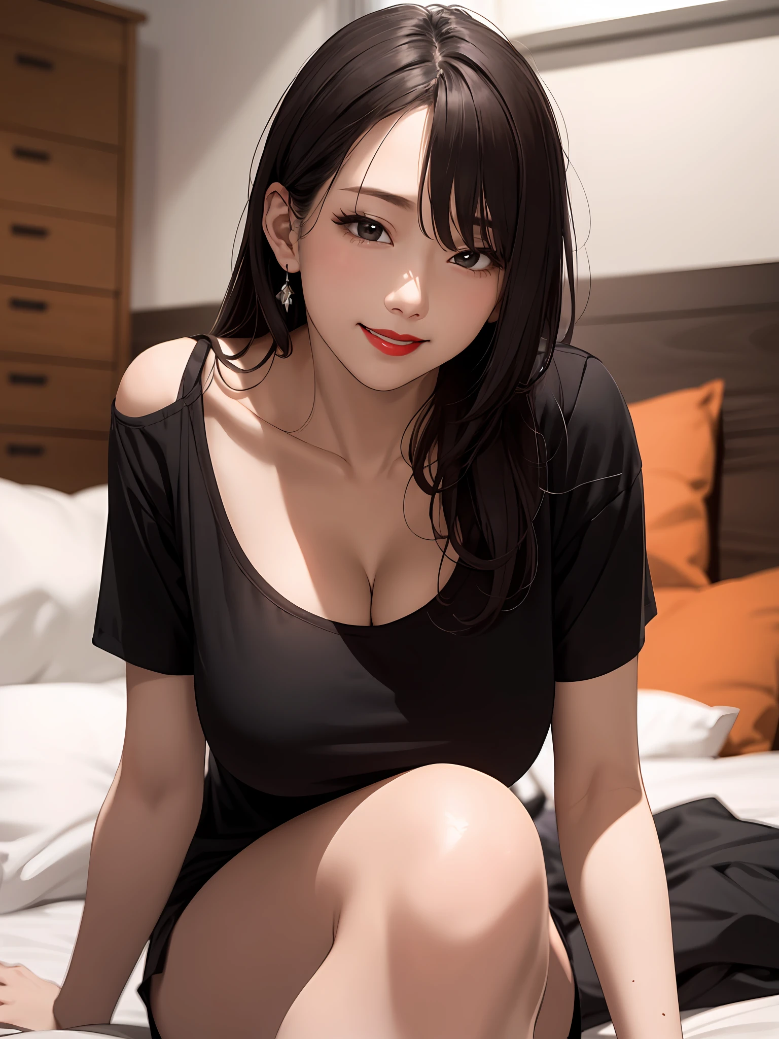 realisticlying、45-year-old girl、T-shirt wearing,Face enhancement,Chest super large zoom,Cleavage emphasis,Looking up from the bottom,Smile,Blushing,Red lips,A sexy,Bed sit