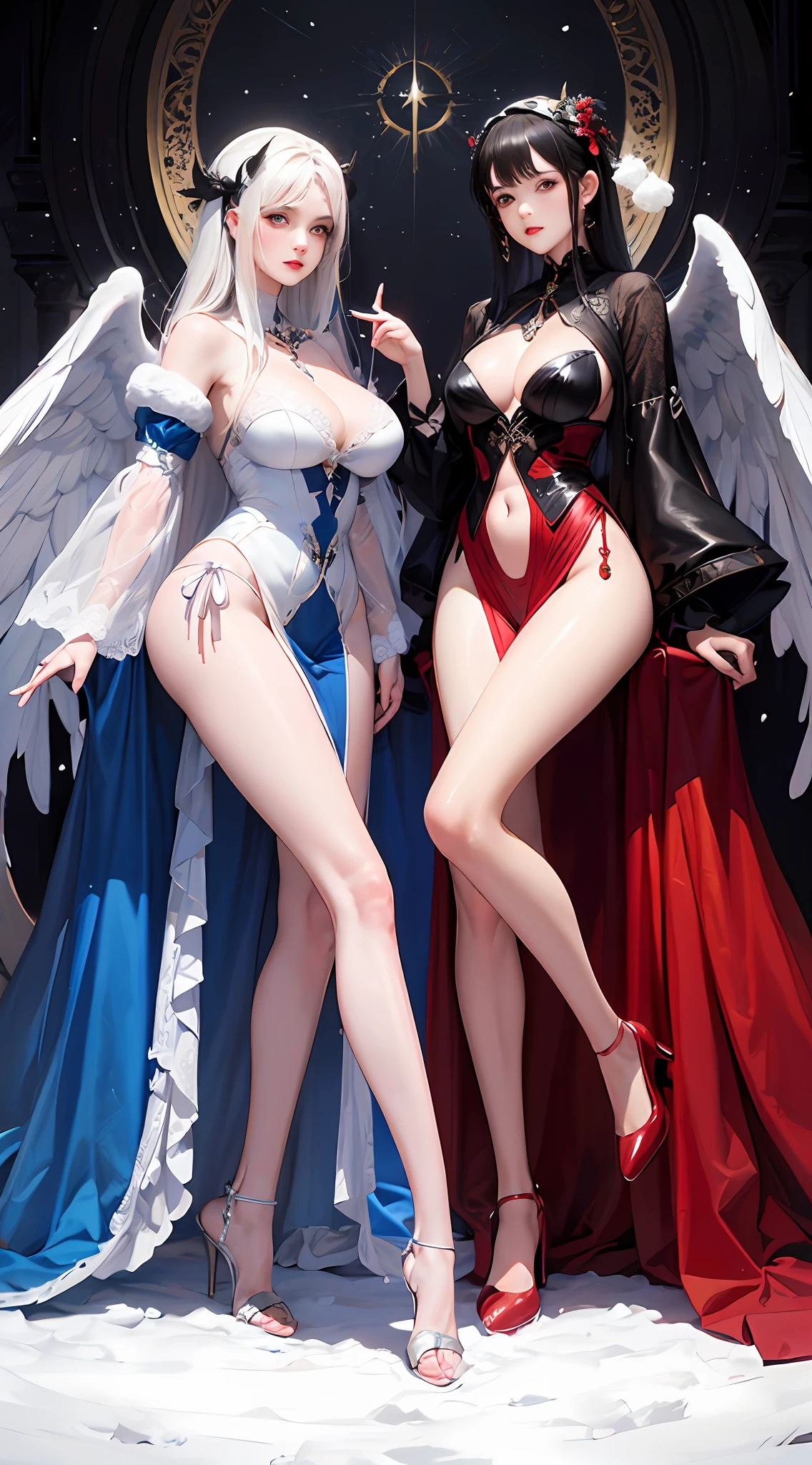 (tmasterpiece，hyperdetailed painting，8K，natural lightting：1.4),A snow-white female angel and a dark female devil，Fantastic background，2 beauties，Great legs，Cleavage，There is a hierarchical background，