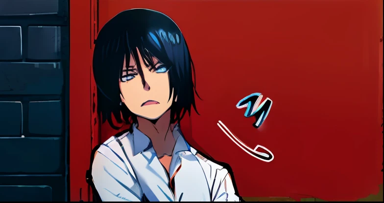 a anime of a man with a black hair, white shirt, blue eyes, lean against the wall, color manga, manga color, color manga, color manga panel, simple background