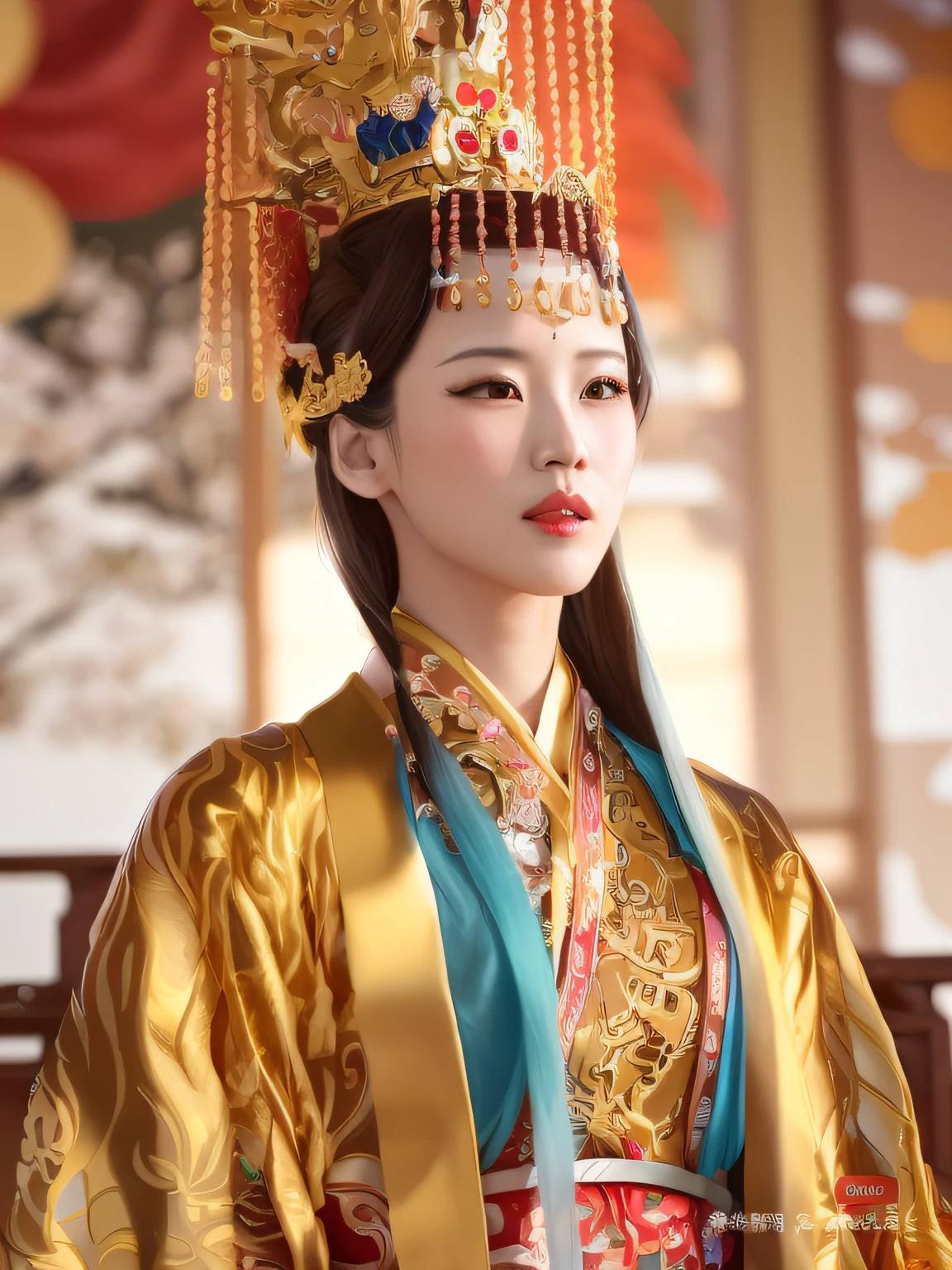 a close up of a woman wearing a gold and red headpiece, Wearing ancient Chinese clothes, wearing gilded red robes, chinese empress, Hanfu, Princesa chinesa antiga, wearing gilded red royal robes, royal palace ， A girl in Hanfu, Traditional Chinese clothing, a beautiful fantasy empress, ancient asian dynasty princess, China Princess, ancient chinese beauties, ((a beautiful fantasy empress))