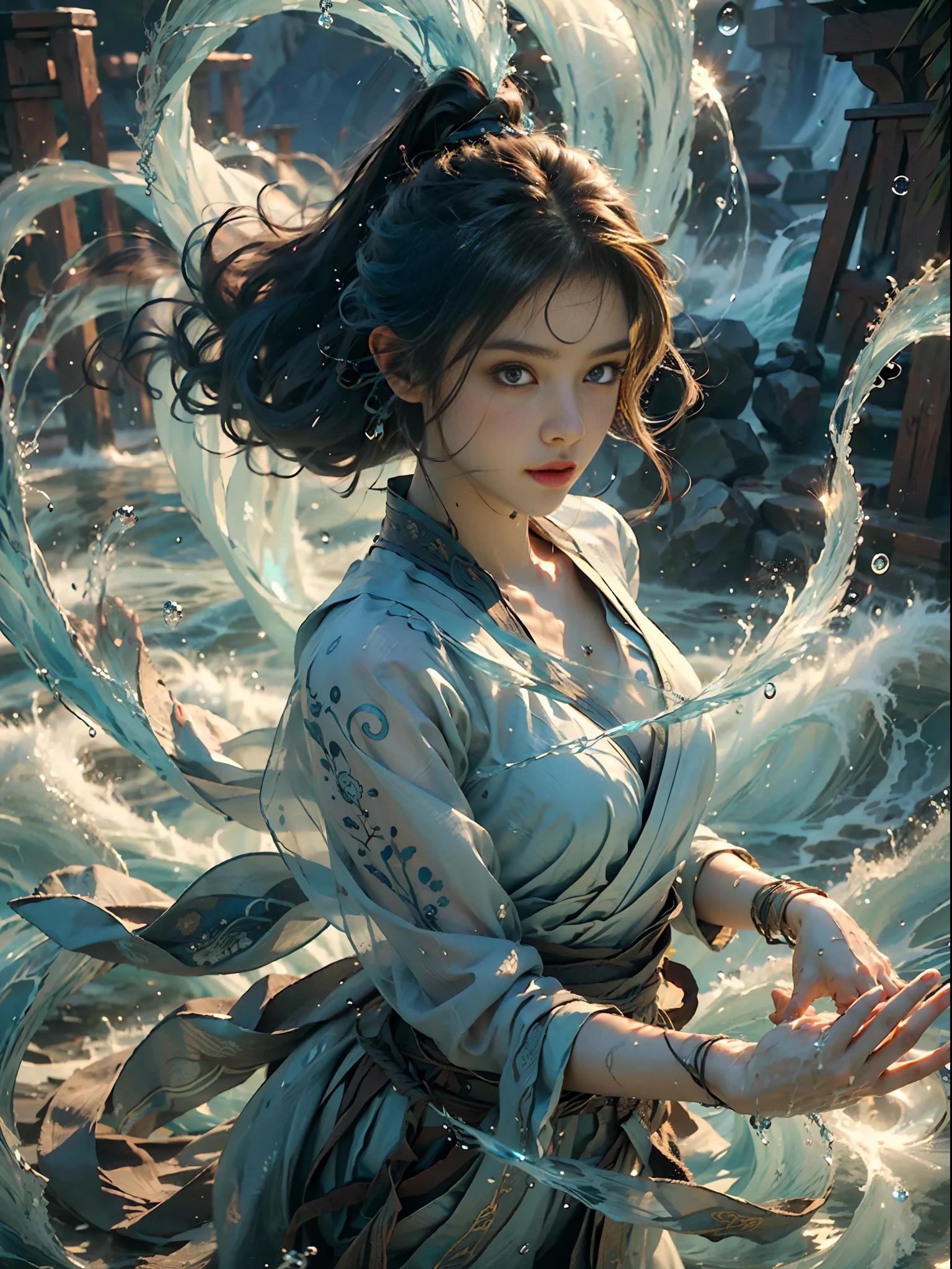((best quality)), ((masterpiece)), (detailed), (realistic), (official art), (extremely detailed CG unity 8k wallpaper), (water magic:1.2), (manipulating water:1.1), (elemental control:1.2), (graceful movements:1.1), (aquatic beauty:1.2), (mystical powers:1.2), (serene expression:1.1), (flowing tides:1.2), (sparkling droplets:1.2), (enchanted aura:1.1), (magical incantation:1.2), (rippling waves:1.2), (splendid water formations:1.1), (emerging from a water vortex:1.2), (resonating with nature:1.2), (commanding the elements:1.2), (translucent veil:1.1), (wisdom and power:1.2), (whirlpool of enchantment:1.2), (glowing water glyphs:1.1), (harmony with the sea:1.2), (mysterious origins:1.2), (harmonious balance:1.1), (serene strength:1.2), (spellbinding spectacle:1.2), (immersing in liquid magic:1.1), (embracing her destiny:1.2)