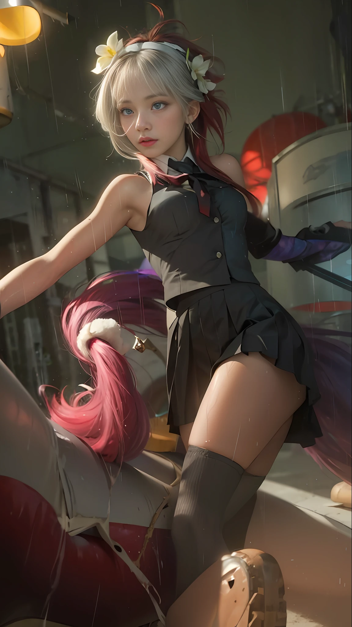 best quality,masterpiece,ultra high res,(photo realistic:1.4),1 girl,medium breasts,big blue eyes,silver and red hair,black school uniform,cute,young,posing,very long hair,flower,headband,looking at viewers,rain, wet, professional lighting, physically-based rendering,