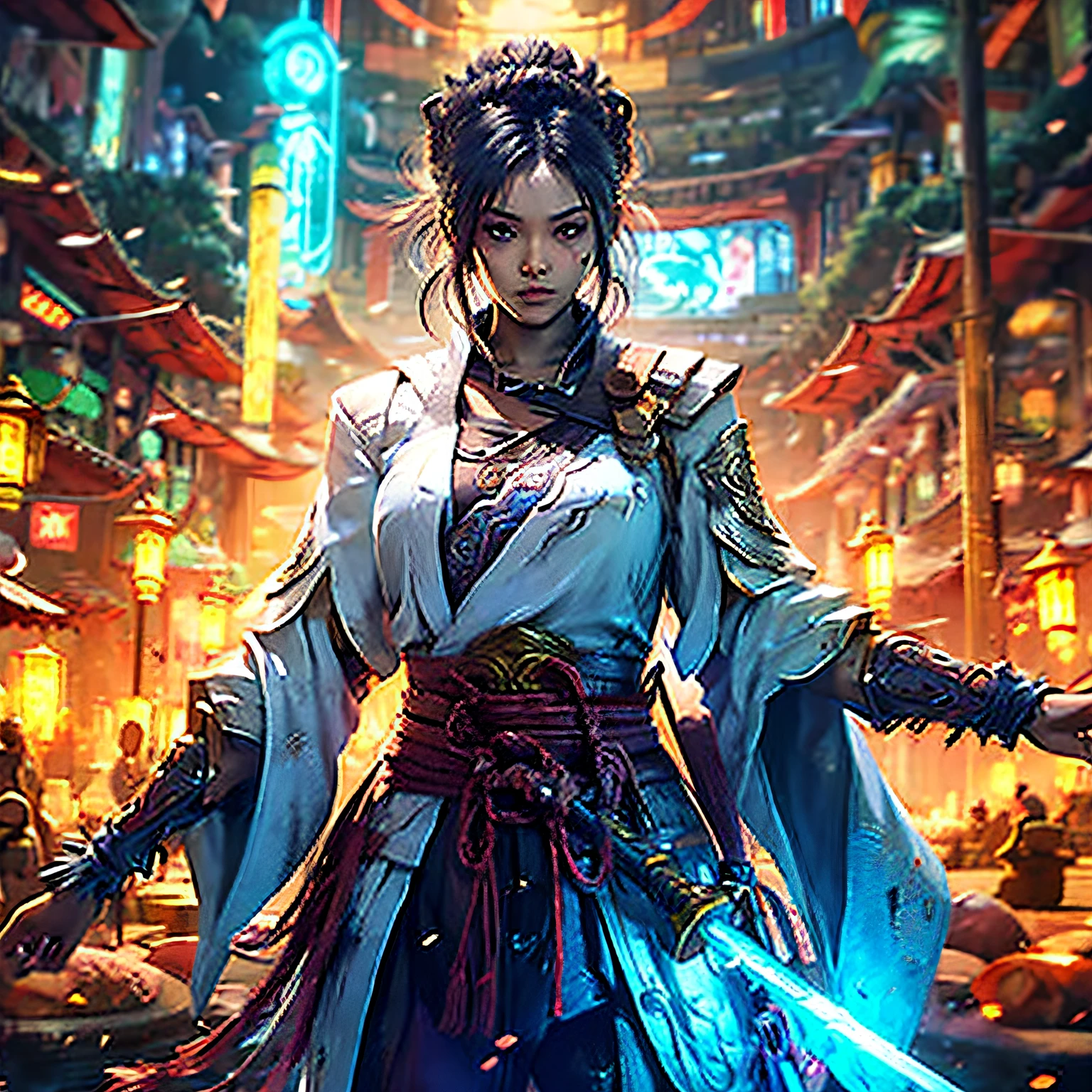 celine do jogo epic seven, com cabelos ruivo ate ombro, usando as roupas do jogo assassin's creed, com uma katana amarada em sua cintura --auto