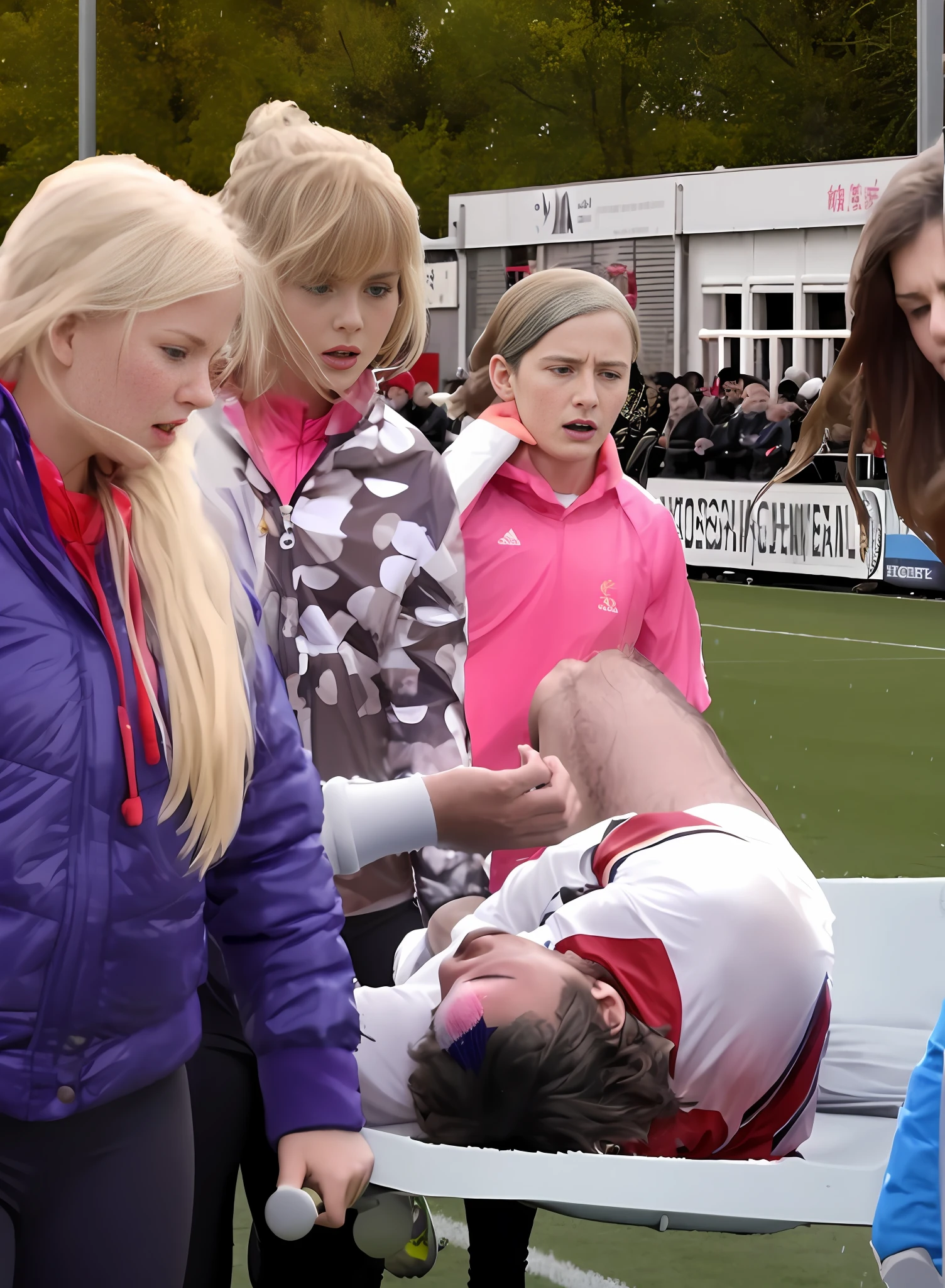 Several very young schoolgirls in shiny wet plastic jackets stand around an athlete on a stretcher, Several young schoolgirls in shiny PVC jackets hold a stretcher on which an injured athlete lies on his back, writhing in pain, unbekannt, Bearbeitete, Autogramme geben, Scharfe Details, an award winning, spezial, Blick teilweise nach links, over-shoulder shot, Herausragende Detailgenauigkeit, very coherent, Stolz drauf, Haar, Brillante Details, awards winning, Beauty-Shot, Warmer Sonnenschein, verletzt, sehr nah dran, 4 0 9 6, astonishing detail, a soccer scene in a chinese sports stadium, rainy weather, wet ground, rainfall, injury scene in a sports stadium, stretcher carry, there are two young schoolgirls in shiny leather-trousers carrying a stretcher, there are two longhaired schoolgirls in high-shine latex-leggings who are carrying a strecther in a rainy sports stadium, there is a wounded male soccer player in a short sports outfit lying on the stretcher, an injured male soccer player is lying on his back on a stretcher and is grabbing his hurting leg with his hands, a soccer player is rearing up in intense pain while lying on his back on a stretcher and grabbing his injured leg with his hands, dramatic scene, thatralic posing scene, dramatic pity scene, injury soccer, first aid, help, pity, there are two very angry looking schoolgirls in shiny latex-trousers who are looking very sad and very terrified and very shocked, the injured soccer player is screaming out in pain while he is carried from the pitch on a stetcher through the rain