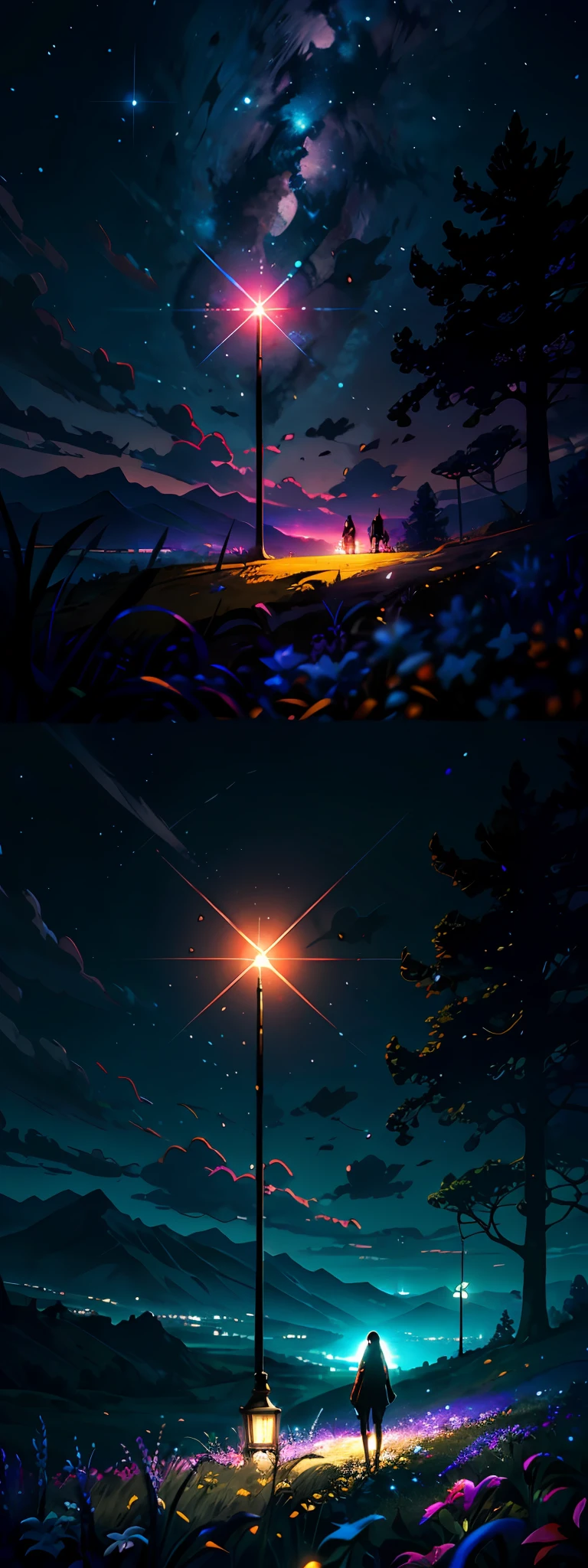 Expansive landscape photograph,(look from down,Above is the sky,Below are open fields),A girl standing on a flower field looking up,(moon full:1.2),(meteors:0.9),(Starcloud:1.3),far away mountain, Tree BREAK making art,(Warm light source:1.2),(glowworm:1.2),lamp lights,Lots of purple and orange,Complicated details,Volumetric lighting BREAK(tmasterpiece:1.2),(best quailty),4k,ultra detali,(dynamic compositions:1.4),with great detail,richly colored,(Iridescence color:1.2),(with light glowing,Atmospheric lighting),dreamlike,magical,(独奏:1.2),lone