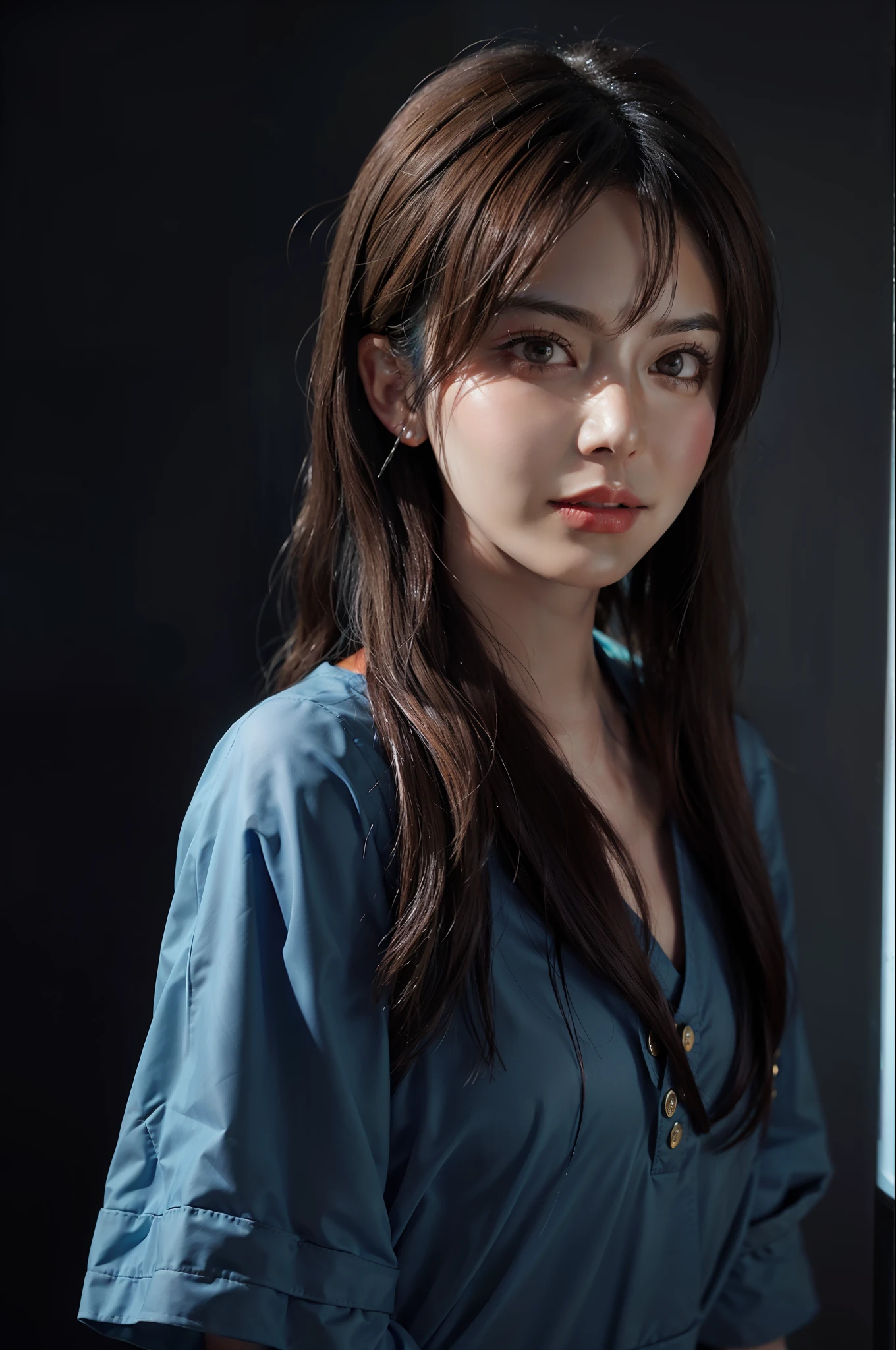 Hyperrealist portrait of female by david hockney and alphonse mucha,fantasy art, photo realistic, dynamic lighting, artstation, poster, volumetric lighting, very detailed faces, 4 k, award winning,, 1girl, in the dark, deep shadow, low key,cowboy shot,(official clothing:1.4) ,long hair,white hair,