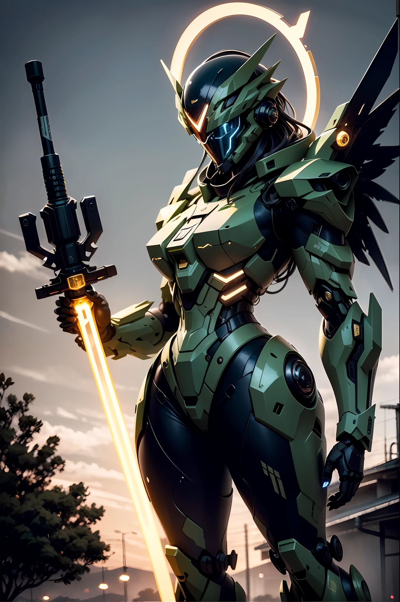 Black color mecha, science_fiction, weapon, lightsaber, holding_sword, solo, headdress, holding_weapon, mecha, gold line, angel halo, upper body, cool pose, dark green color body