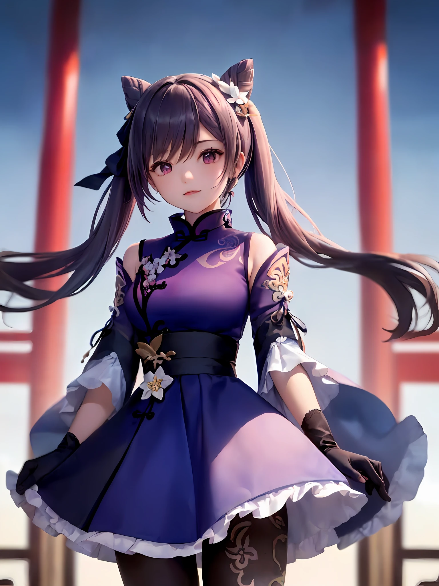 1girl huge large breasts, (Single person:1.2)，(巨作:1.2), (Best quality:1.2), Break [Blue:peach red:0.5] Theme, (gradient backgrounds :1.1), Cowboy shot, Upper body body，Cinematic light，(Perfect Hand 1.5)， Slender beautiful legs，Flat chest，Playful，(Background of ancient Chinese architecture:1.2)，long-sleeved，Purple eyes，black lence stockings，mitts，