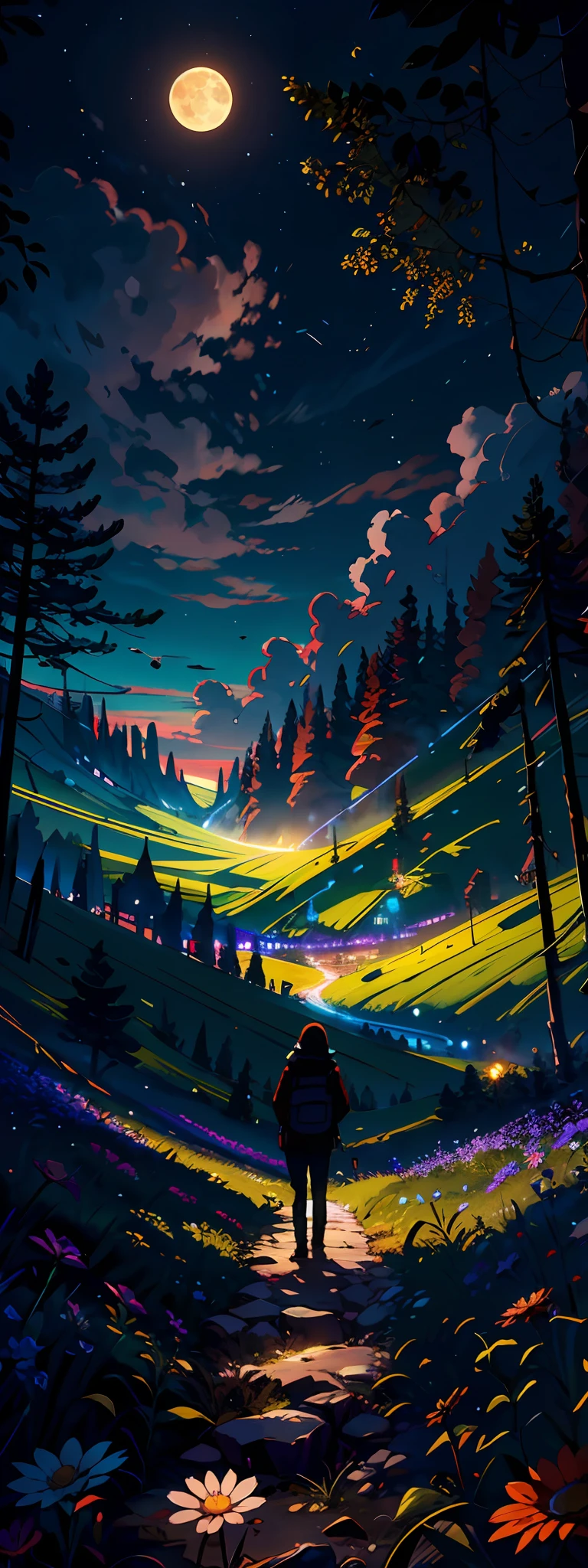Expansive landscape photograph,(look from down,Above is the sky,Below are open fields),A girl standing on a flower field looking up,(moon full:1.2),(meteors:0.9),(Starcloud:1.3),far away mountain, Tree BREAK making art,(Warm light source:1.2),(glowworm:1.2),lamp lights,Lots of purple and orange,Complicated details,Volumetric lighting BREAK(tmasterpiece:1.2),(best quailty),4k,ultra detali,(dynamic compositions:1.4),with great detail,richly colored,(Iridescence color:1.2),(with light glowing,Atmospheric lighting),dreamlike,magical,(独奏:1.2),lone