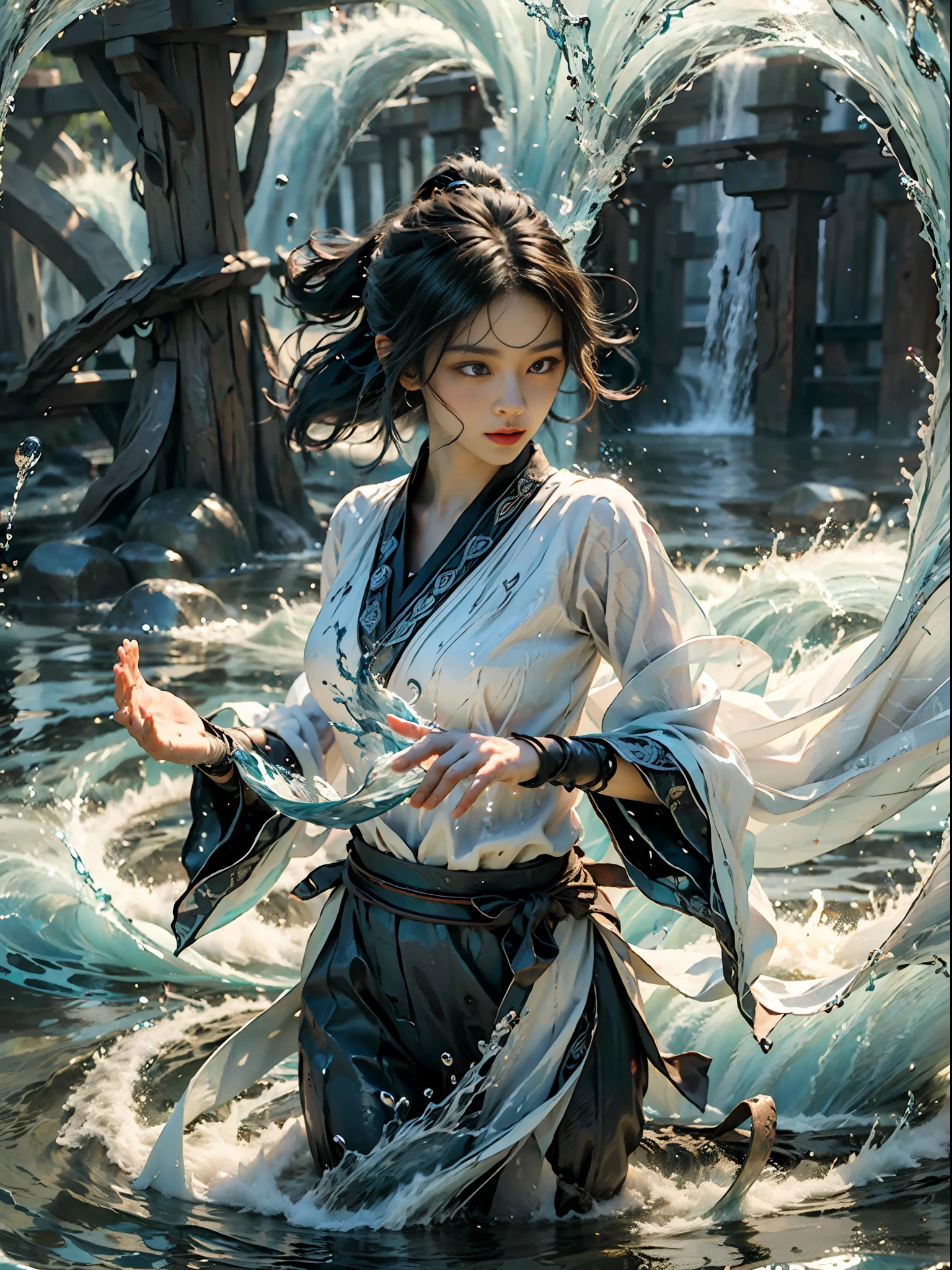 ((best quality)), ((masterpiece)), (detailed), (realistic), (official art), (extremely detailed CG unity 8k wallpaper), (water magic:1.2), (manipulating water:1.1), (elemental control:1.2), (graceful movements:1.1), (aquatic beauty:1.2), (mystical powers:1.2), (serene expression:1.1), (flowing tides:1.2), (sparkling droplets:1.2), (enchanted aura:1.1), (magical incantation:1.2), (rippling waves:1.2), (splendid water formations:1.1), (emerging from a water vortex:1.2), (resonating with nature:1.2), (commanding the elements:1.2), (translucent veil:1.1), (wisdom and power:1.2), (whirlpool of enchantment:1.2), (glowing water glyphs:1.1), (harmony with the sea:1.2), (mysterious origins:1.2), (harmonious balance:1.1), (serene strength:1.2), (spellbinding spectacle:1.2), (immersing in liquid magic:1.1), (embracing her destiny:1.2)