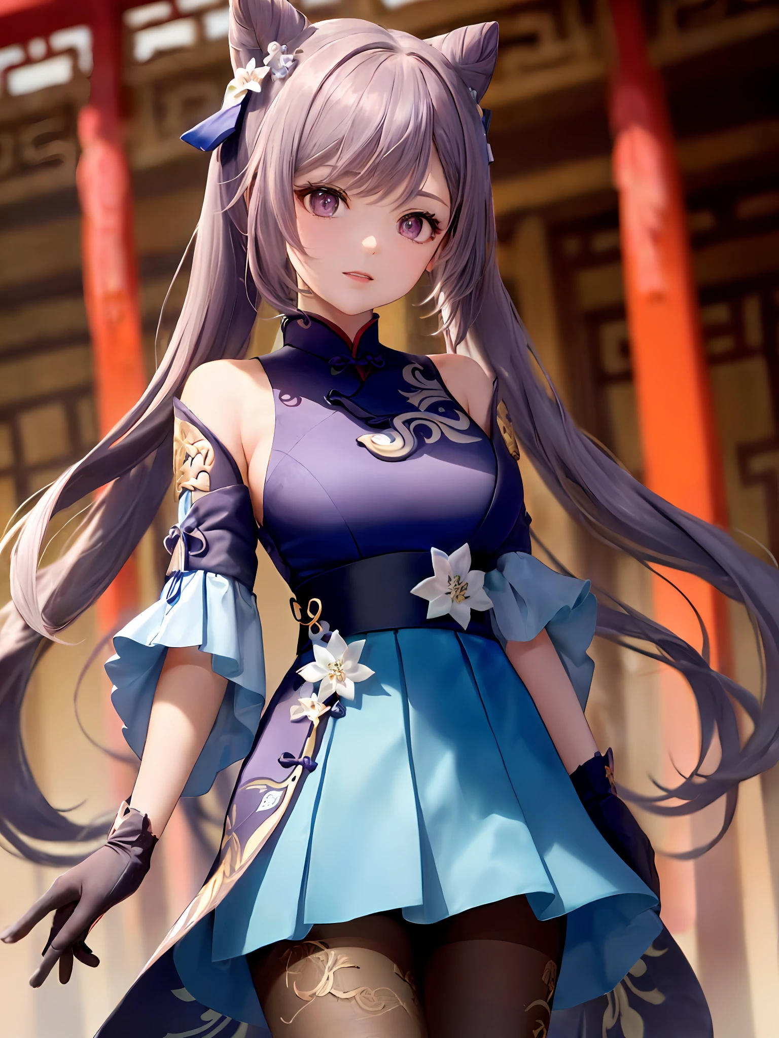 1girl huge large breasts, (Single person:1.2)，(巨作:1.2), (Best quality:1.2), Break [Blue:peach red:0.5] Theme, (gradient backgrounds :1.1), Cowboy shot, Upper body body，Cinematic light，(Perfect Hand 1.5)， Slender beautiful legs，Flat chest，Playful，(Background of ancient Chinese architecture:1.2)，long-sleeved，Purple eyes，black lence stockings，mitts，