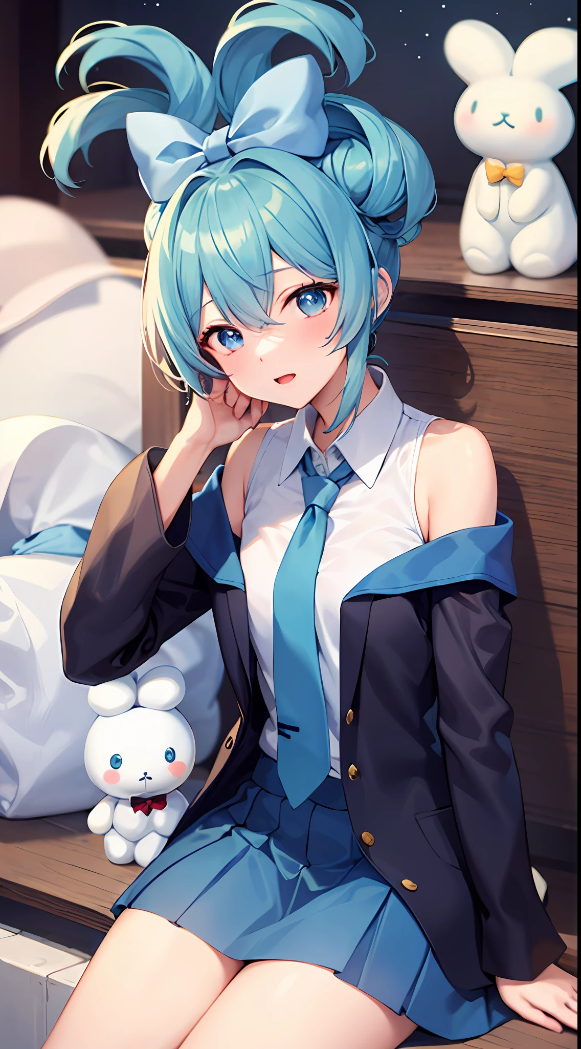 1girl, 独奏, Cinnamiku, Blue hair, blue eyes, hair rings, Hair Bow, blue bow, short skirt,(cinnamoroll, tied ears, sanrio, 1other, Creature:1.2) black sleeves, bare shoulders, Blue Tie, wide sleeves, shirt with collar, detached sleeves, tie, Blue Tie, kawai,