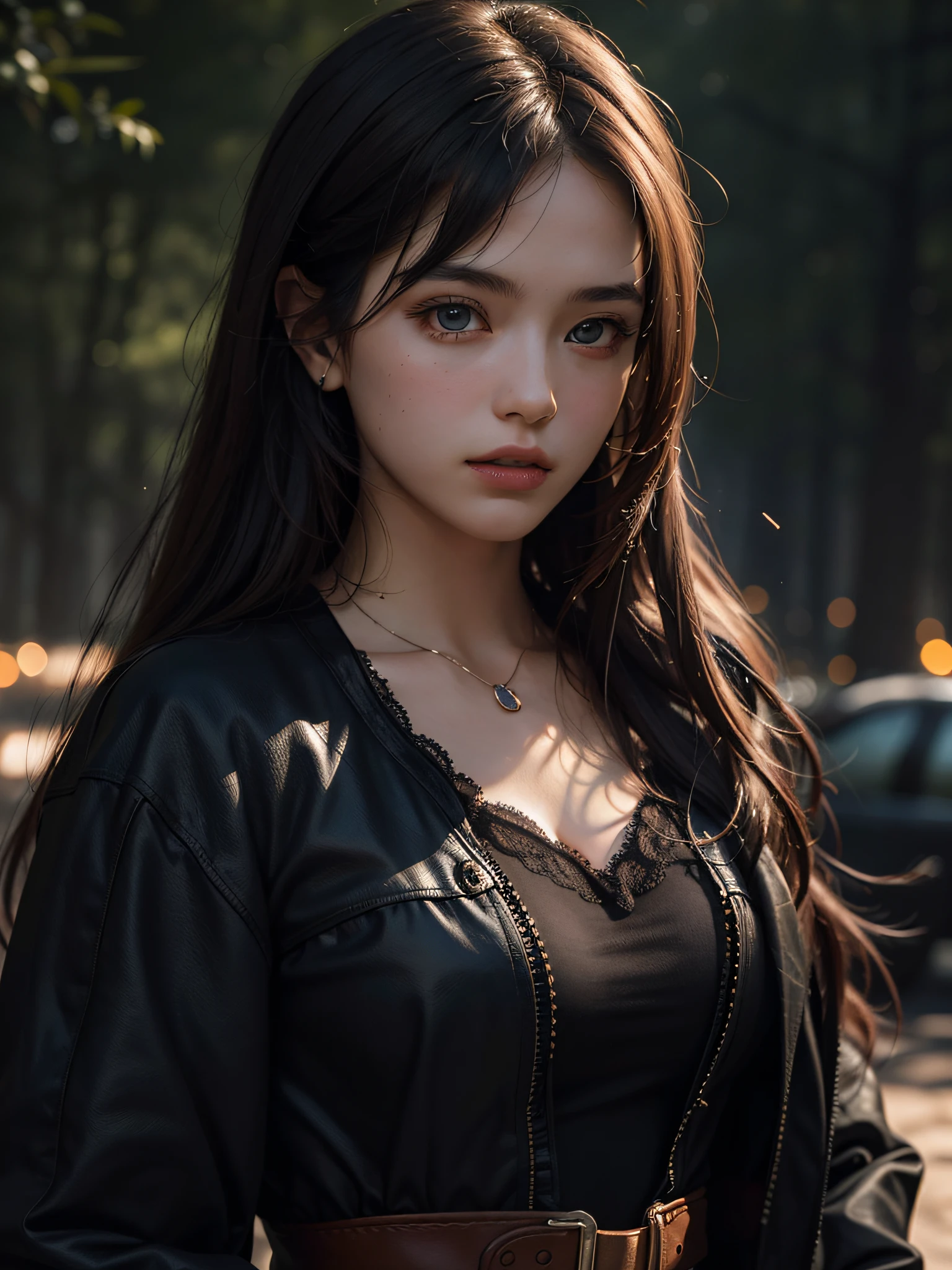 1girl, solo, official art, unity 8k wallpaper, ultra detailed, beautiful and aesthetic, masterpiece, best quality, photorealistic, in the wood, dark theme