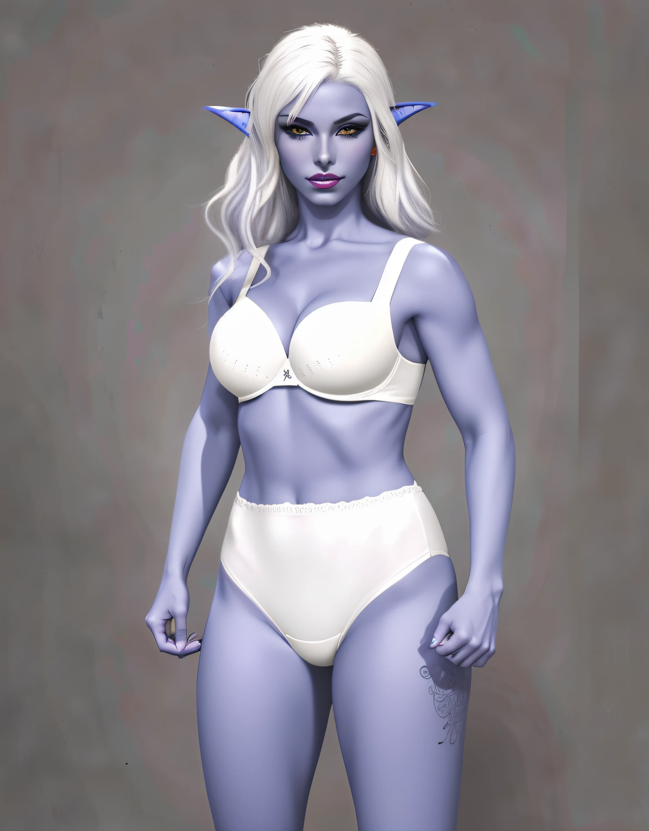 Dark Elf woman with white hair, in white bra, and white high cut panties, purple lipstick, realistic art style, intricate details