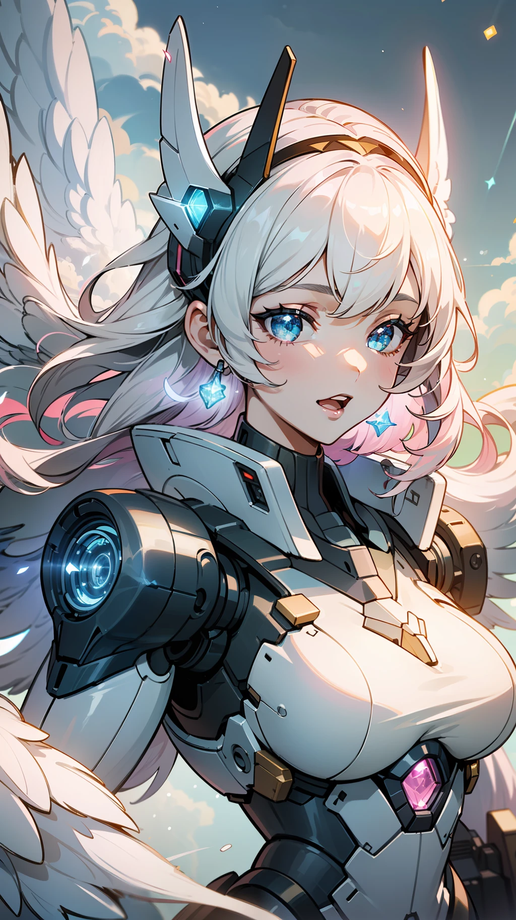 (masterpiece, best quality, great, highly detailed CG unity 8k wallpaper, depth of field, super fine illustration:1.5), illustration, CG, 3D, extremely detailed, (a mech girl:1.3), white color, smile, open mouth, long hair, (white hair, blue eyes:1.2), (sparkling eyes:1.3), cute face, kawaii, medium breasts, delicate hair, disheveled hair, floating hair, shiny hair, shiny skin, blue sky, white clouds, white wings, headgear, white hair ornament, (particles of light, cinematic lighting: 1.3), (light pink lips: 0.8),