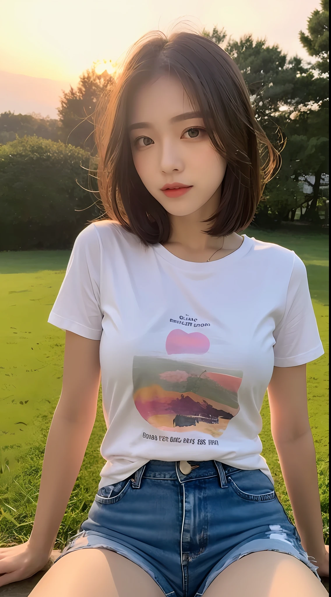 ((Sunset, Best quality, 8k, Masterpiece :1.3)), Whole body, Long legs, Sharp focus :1.2, A pretty woman with perfect figure :1.4, Slender abs, slender thigh :1.1, ((Dark brown hair, Big breasts :1.2)), (tight tshirt, Jean shorts, Sitting:1.2), ((sunset, park :1.3)), Highly detailed face and skin texture, Detailed eyes, Double eyelid,