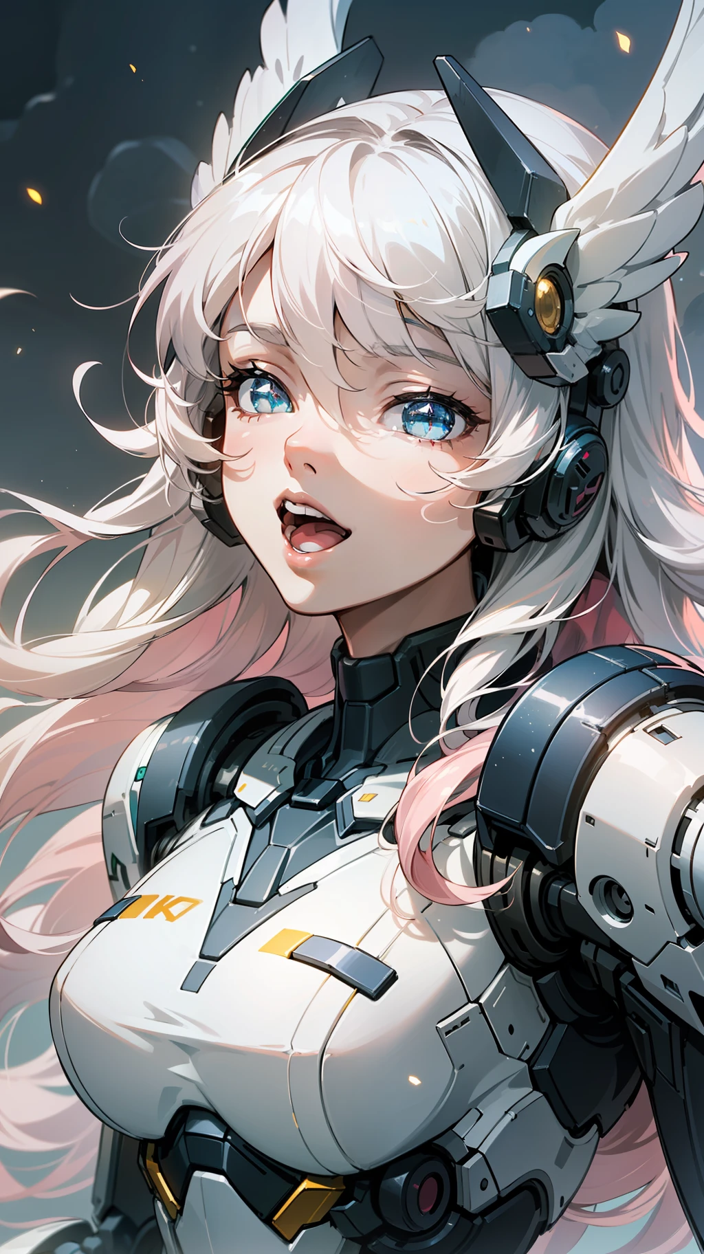 (masterpiece, best quality, great, highly detailed CG unity 8k wallpaper, depth of field, super fine illustration:1.5), illustration, CG, 3D, extremely detailed, (a mech girl:1.3), white color, smile, open mouth, long hair, (white hair, blue eyes:1.2), (sparkling eyes:1.3), cute face, kawaii, medium breasts, delicate hair, disheveled hair, floating hair, shiny hair, shiny skin, blue sky, white clouds, white wings, headgear, white hair ornament, (particles of light, cinematic lighting: 1.3), (light pink lips: 0.8),