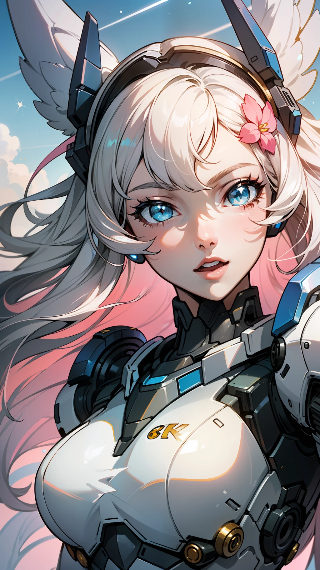 (masterpiece, best quality, great, highly detailed CG unity 8k wallpaper, depth of field, super fine illustration:1.5), illustration, CG, 3D, extremely detailed, (a mech girl:1.3), white color, smile, open mouth, long hair, (white hair, blue eyes:1.2), (sparkling eyes:1.3), cute face, kawaii, medium breasts, delicate hair, disheveled hair, floating hair, shiny hair, shiny skin, blue sky, white clouds, white wings, headgear, white hair ornament, (particles of light, cinematic lighting: 1.3), (light pink lips: 0.8),