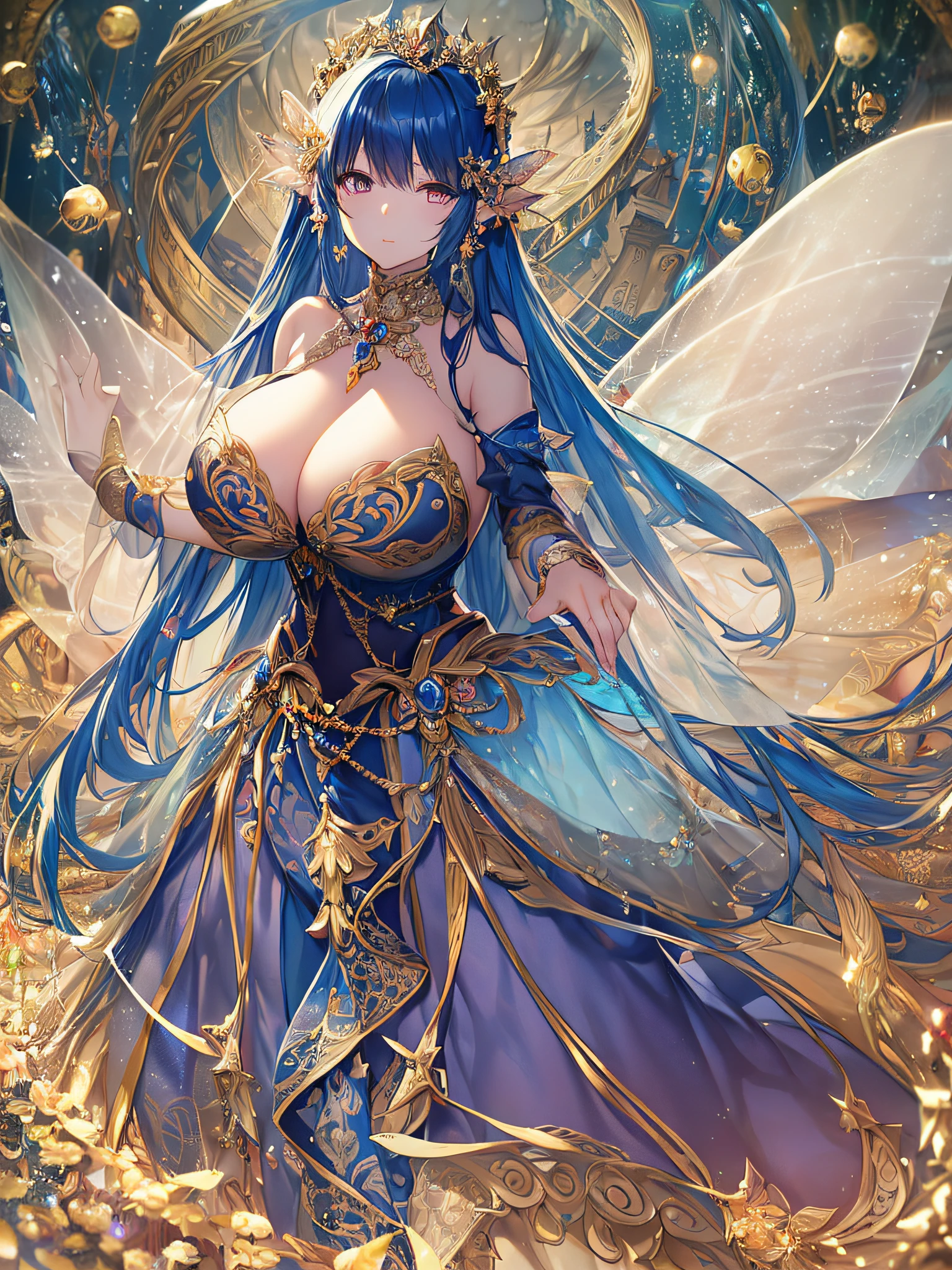 ((anime artstyle)),(Masterpiece),(Best Quality), (Super Detail),((Very Delicate and Beautiful)),Focus on character,Dynamic Angle,Looking at viewer,((Solo)),standing,(((full body))),(((one fairy tale princess in gorgeous ball gown with voluminous skirt))),detailed face and eyes,(fairy wings),jewel-like eyes,((Very Long voluminous Hair)),gorgeous embroidery and lace,See-through,ornate ruffles,Gorgeous jewelry ornaments,luxury hair ornament,luxury tiara with jewels,(gigantic breasts,Long breasts),full body,(fairy tale world),fairy tale atmosphere,jeweled ball gown,(((gorgeous ball gown with voluminous skirt))),outdoor