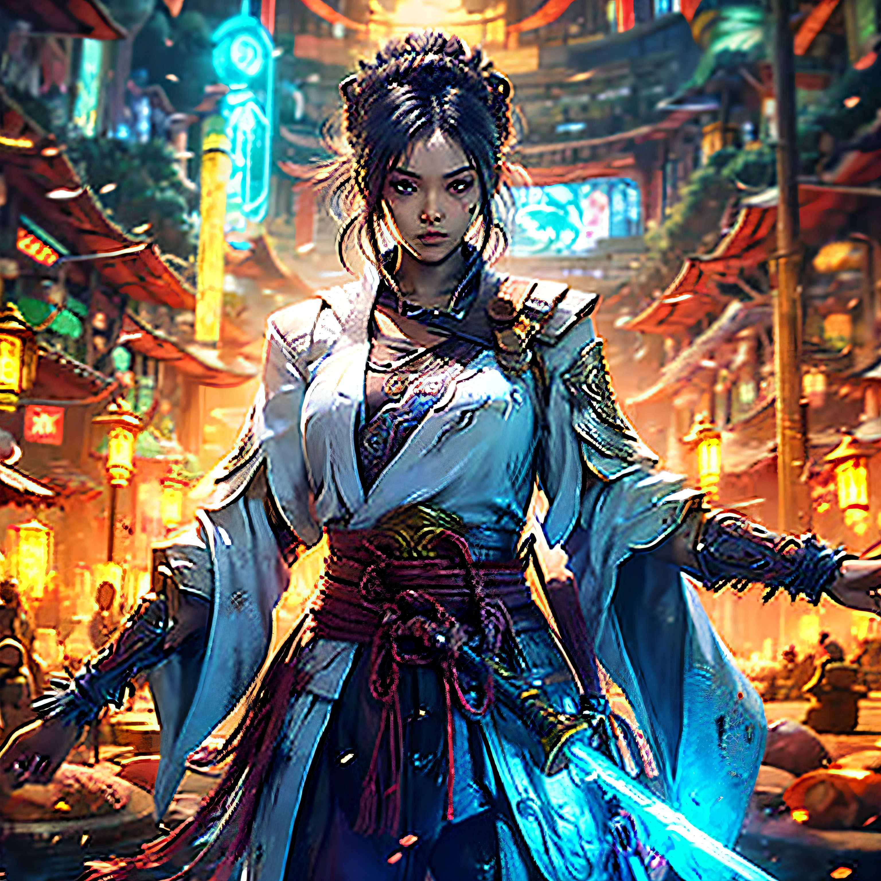 celine do jogo epic seven, com cabelos ruivo ate ombro, usando as roupas do jogo assassin's creed, com uma katana amarada em sua cintura --auto