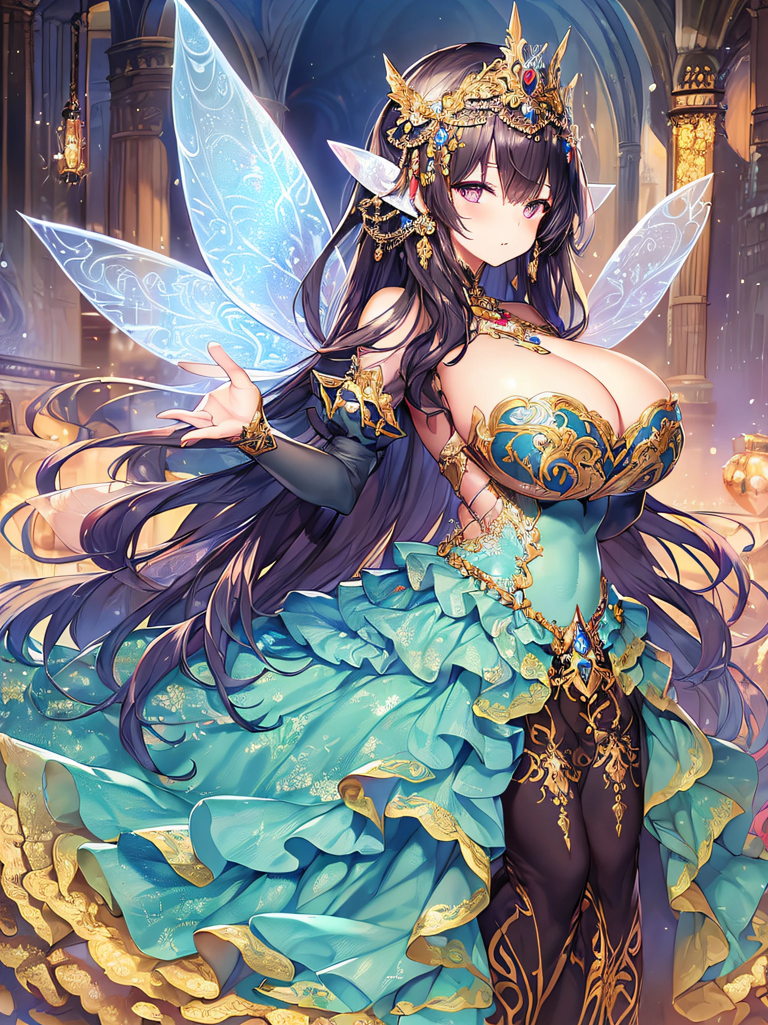 ((anime artstyle)),(Masterpiece),(Best Quality), (Super Detail),((Very Delicate and Beautiful)),Focus on character,Dynamic Angle,Looking at viewer,((Solo)),standing,(((full body))),(((one fairy tale princess in gorgeous ball gown with voluminous skirt))),detailed face and eyes,(fairy wings),jewel-like eyes,((Very Long voluminous Hair)),gorgeous embroidery and lace,See-through,ornate ruffles,Gorgeous jewelry ornaments,luxury hair ornament,luxury tiara with jewels,(gigantic breasts,Long breasts),full body,(fairy tale world),fairy tale atmosphere,jeweled ball gown,(((gorgeous ball gown with voluminous skirt))),outdoor