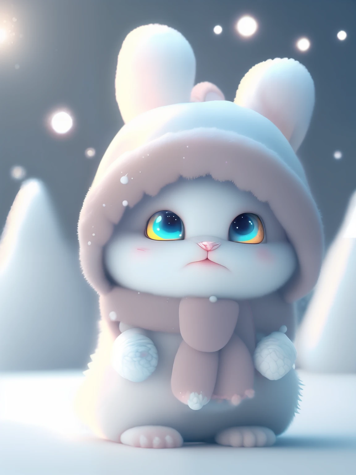 a cute little cat+Snow-white furry,Big bright eyes,A sweet smile,A sweet smile,Open-mouthed!!!,Dress up as a fashion model,Wearing a stylish suit with pink crystal texture,Hats and handbags,Snow white fluffy,Big bright eyes,Big bright eyes,standingn,Fluffy tail,Winter rises,The snow flutters gently,Extremely detailed 3D animation renders symmetrical center position, Super realistic, super detailing, posh, 3, 电影灯光, ultra clear details, Ultra-transparent material, Close-up of, complex texture, rendering by octane, zbrush, 8K, Ultra-realistic UREAL,Open-mouthed!!!,rightward!!!