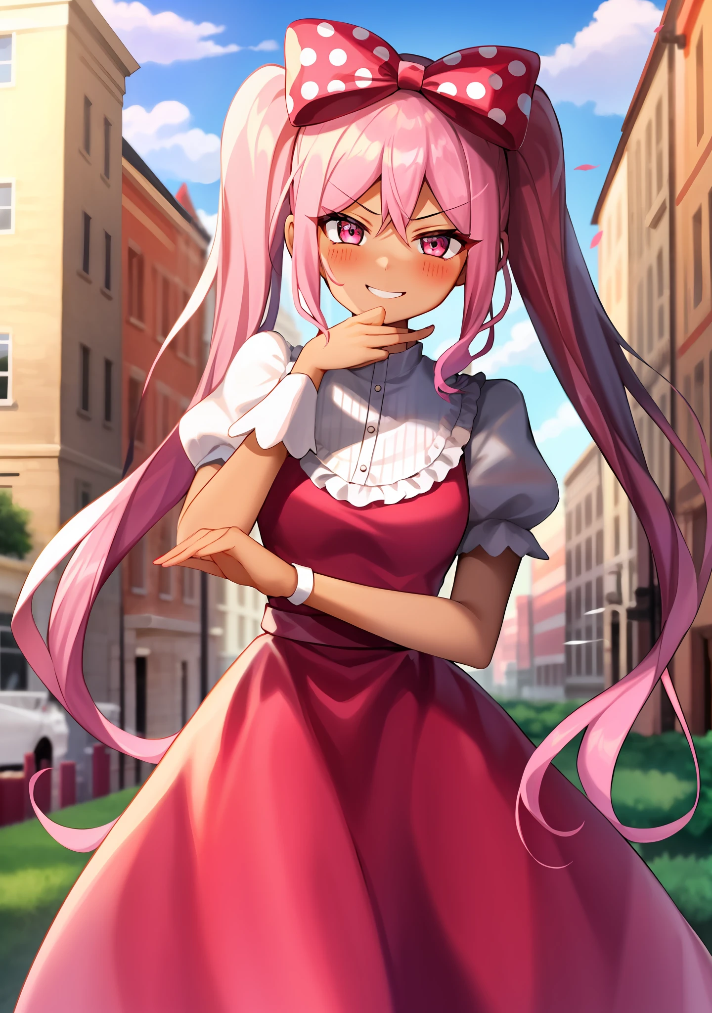 1girl, solo, sweetheart, pink hair, pink eyes, (twintails), dark skin, (polka dot), (hole), blush, smirk,, hair bow, dress, short sleeves, pose, outdoors