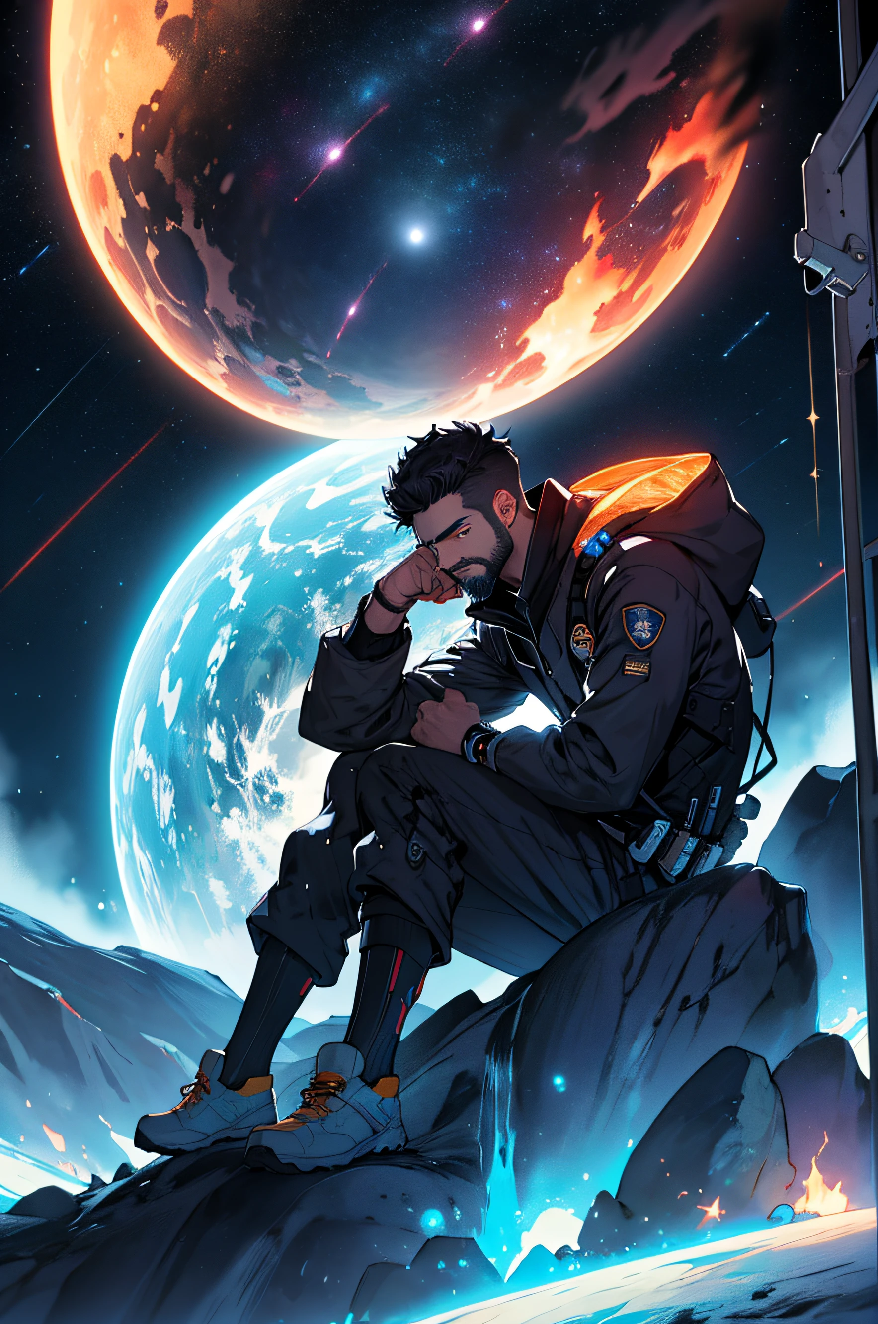 Draw a young programmer, sitting on a research platform floating in the middle of an asteroid belt. He is studying with a notebook, surrounded by several asteroids glowing with fiery auras. Dramatic lighting from distant stars and planets illuminates the scene, casting deep shadows on the suit. The young man looks confident and determined, looking at the vast and mysterious universe with wonder and respect,facial hair, cowboy shot,