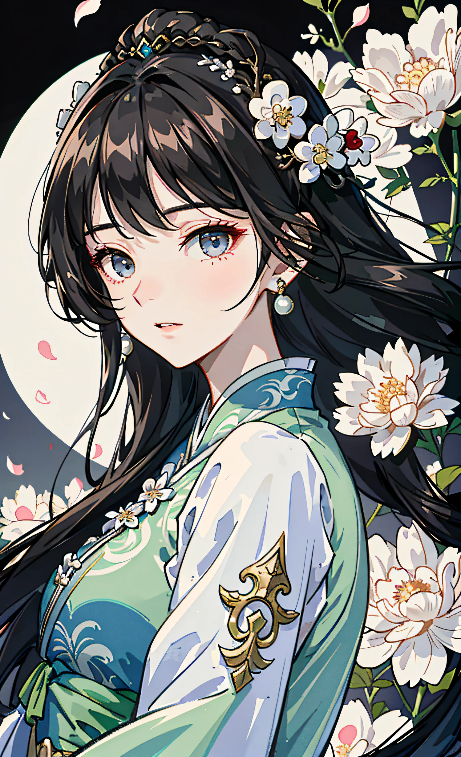 Mature girl , black hair, floating hair, delicate and smart eyes, intricate damask hanfu, gorgeous accessories, wearing pearl earrings, FOV, f1.8, masterpiece, complex scene, petals flying, front portrait shot, Chang'e