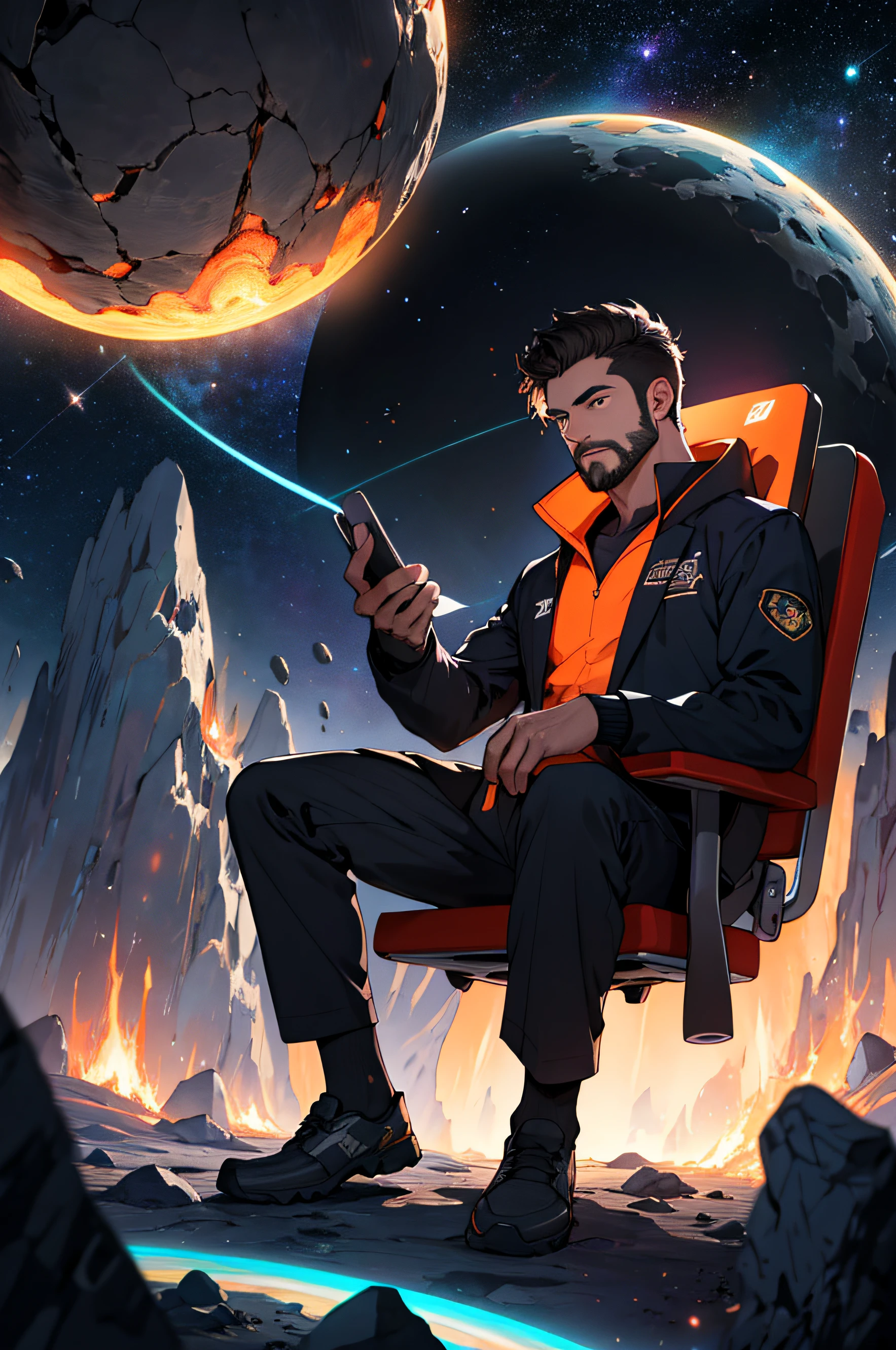 Draw a young programmer, sitting on a research platform floating in the middle of an asteroid belt. He is studying with a notebook, surrounded by several asteroids glowing with fiery auras. Dramatic lighting from distant stars and planets illuminates the scene, casting deep shadows on the suit. The young man looks confident and determined, looking at the vast and mysterious universe with wonder and respect,facial hair, cowboy shot,