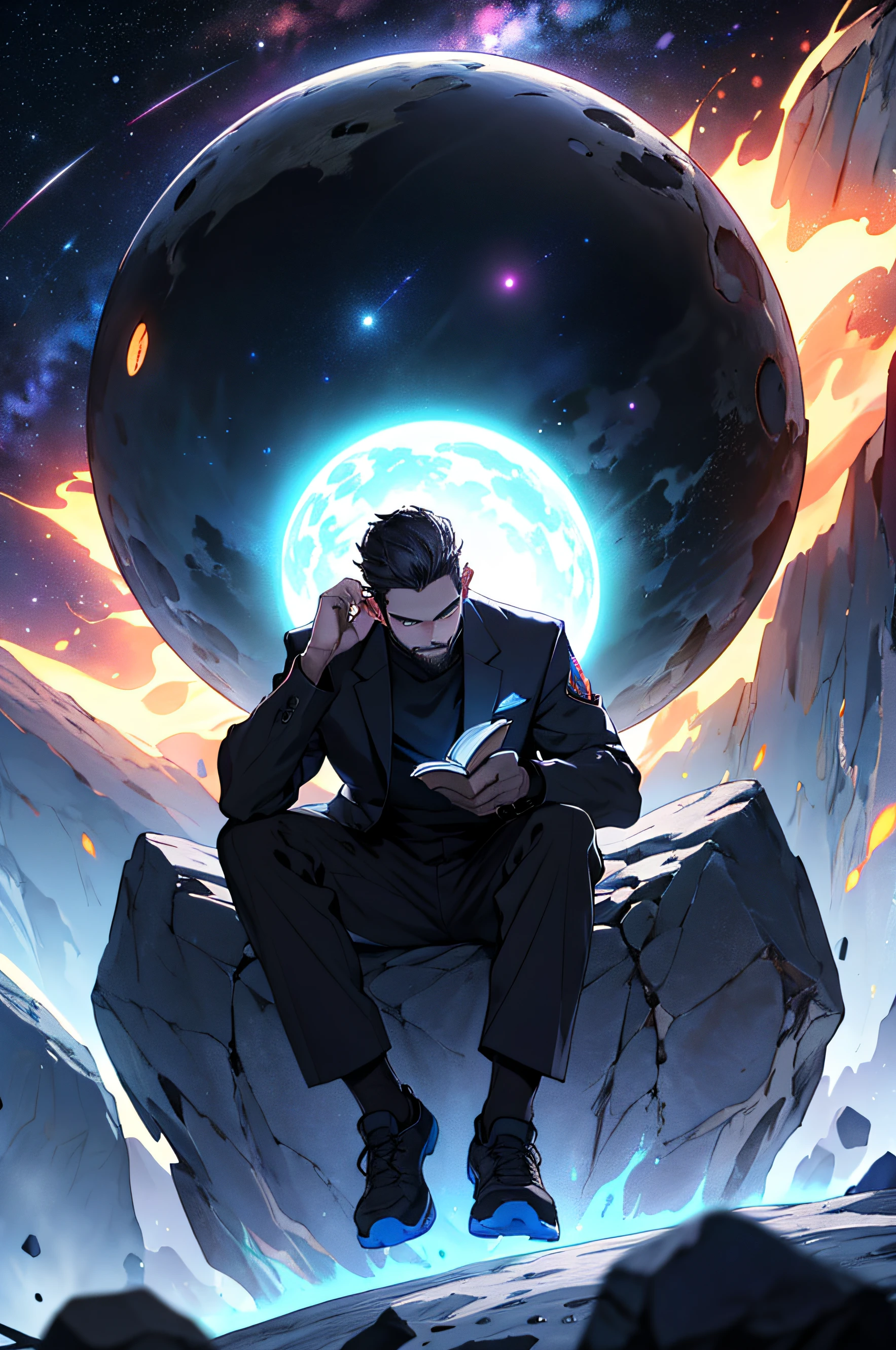Draw a young programmer, sitting on a research platform floating in the middle of an asteroid belt. He is studying with a notebook, surrounded by several asteroids glowing with fiery auras. Dramatic lighting from distant stars and planets illuminates the scene, casting deep shadows on the suit. The young man looks confident and determined, looking at the vast and mysterious universe with wonder and respect,facial hair, cowboy shot,