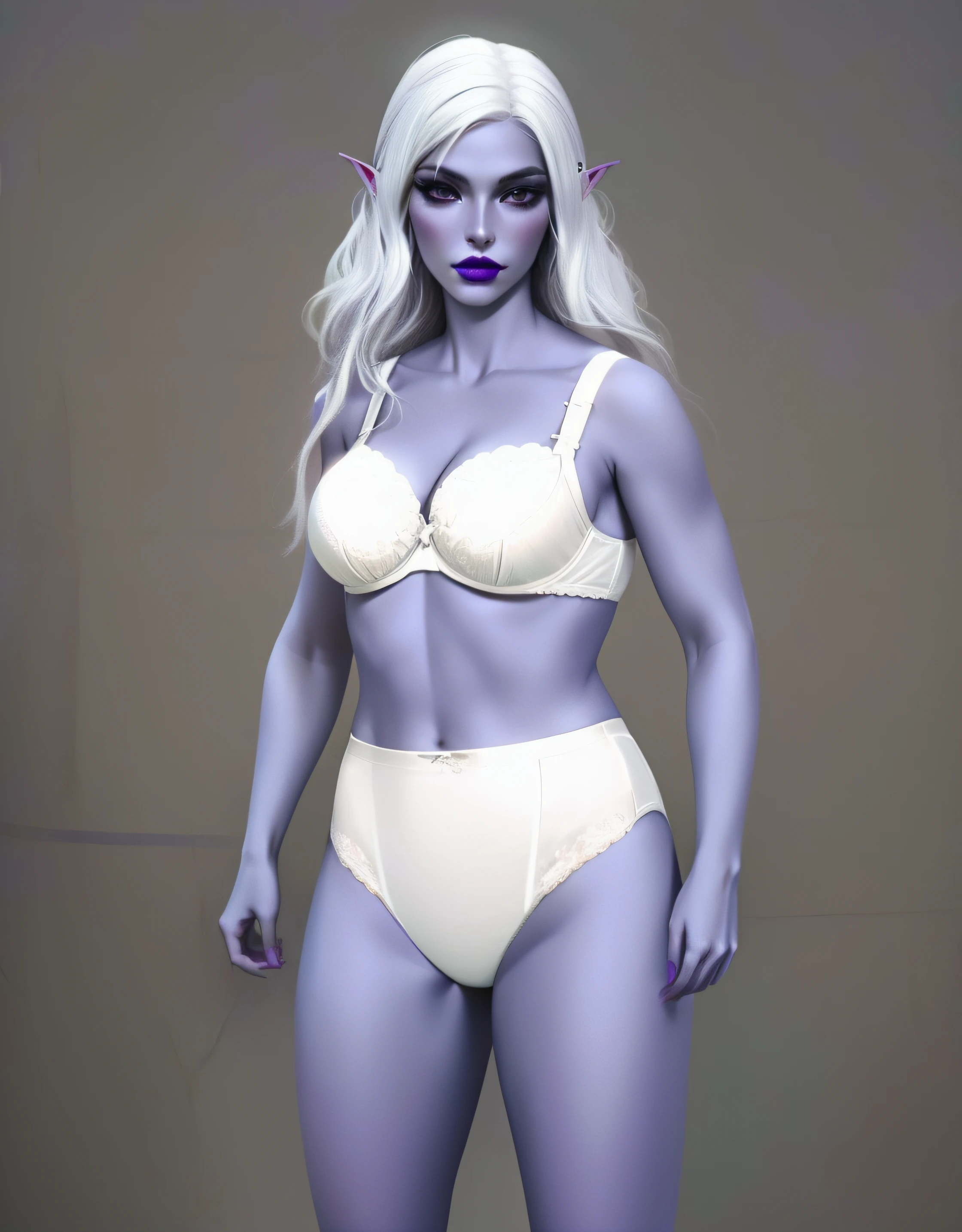 Dark Elf woman with white hair, in white bra, and white high cut panties, purple lipstick, big elven ears, photo realistic, intricate details
