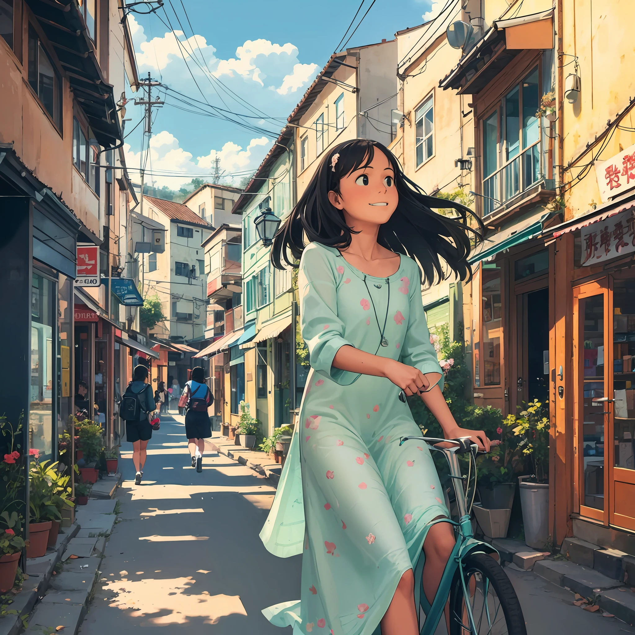 In the streets of Popkara Town、Pretty woman riding a bicycle。Looking up from a low angle、Colorful buildings and bright smiles of women are impressive。beste-Qualit、landscape