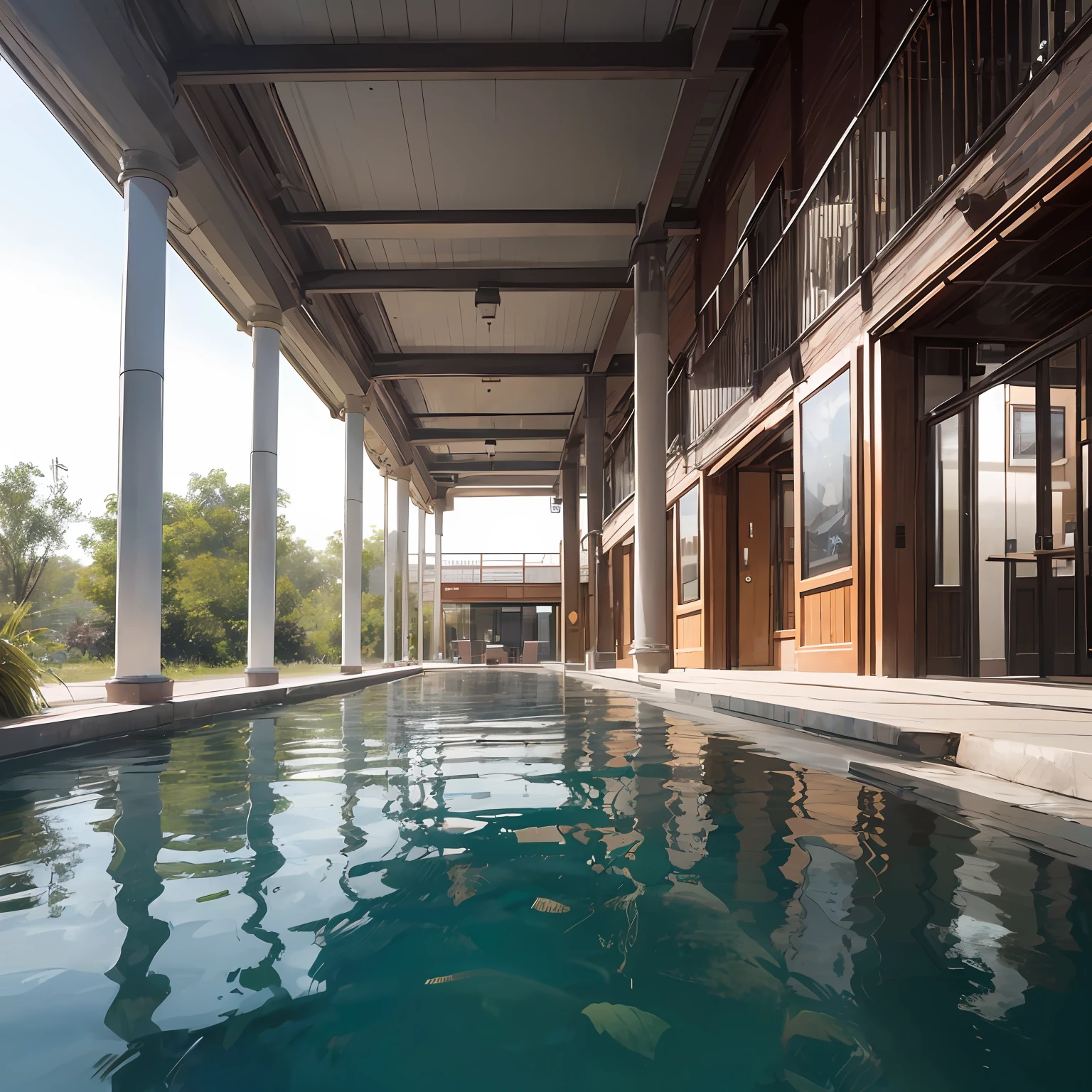 On a wetland,There is a hotel,It is a modern style,Float above wetlands,Hidden in wetlands,On the ground floor is the podium,There is catering、Lobby and other features,The upper floors are guest rooms,There are seven floors,It is a large hotel,A total of 200 rooms --auto