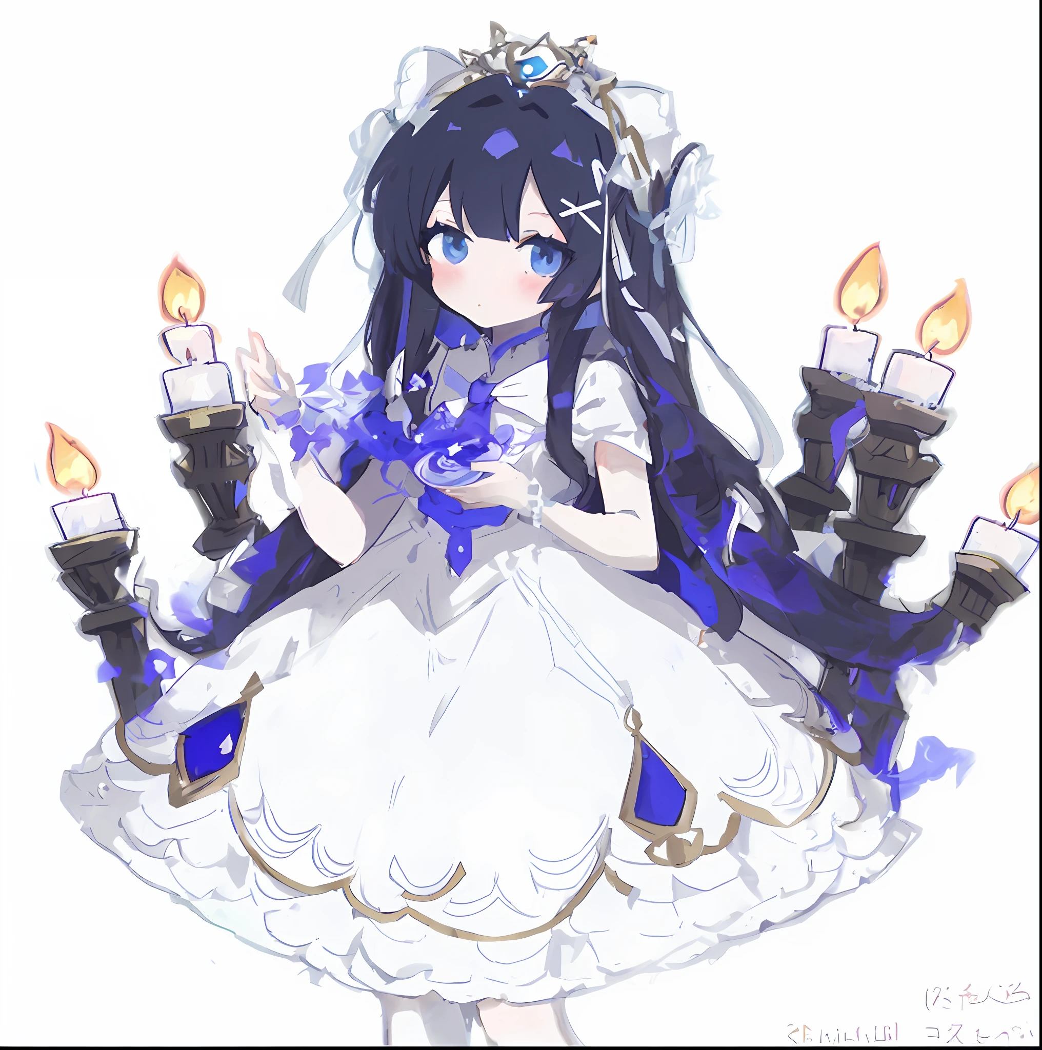 Anime girl holding candle in white dress，Wear a tie,Designed from head to toe， anime moe art style, Hestia, Marin Kitagawa fanart, animel《kingpin》Albedo in ,  in dress, little curve loliuaii, Anime goddess, cute anime waifu in a nice dress, shalltear from overlord, splash art anime loli