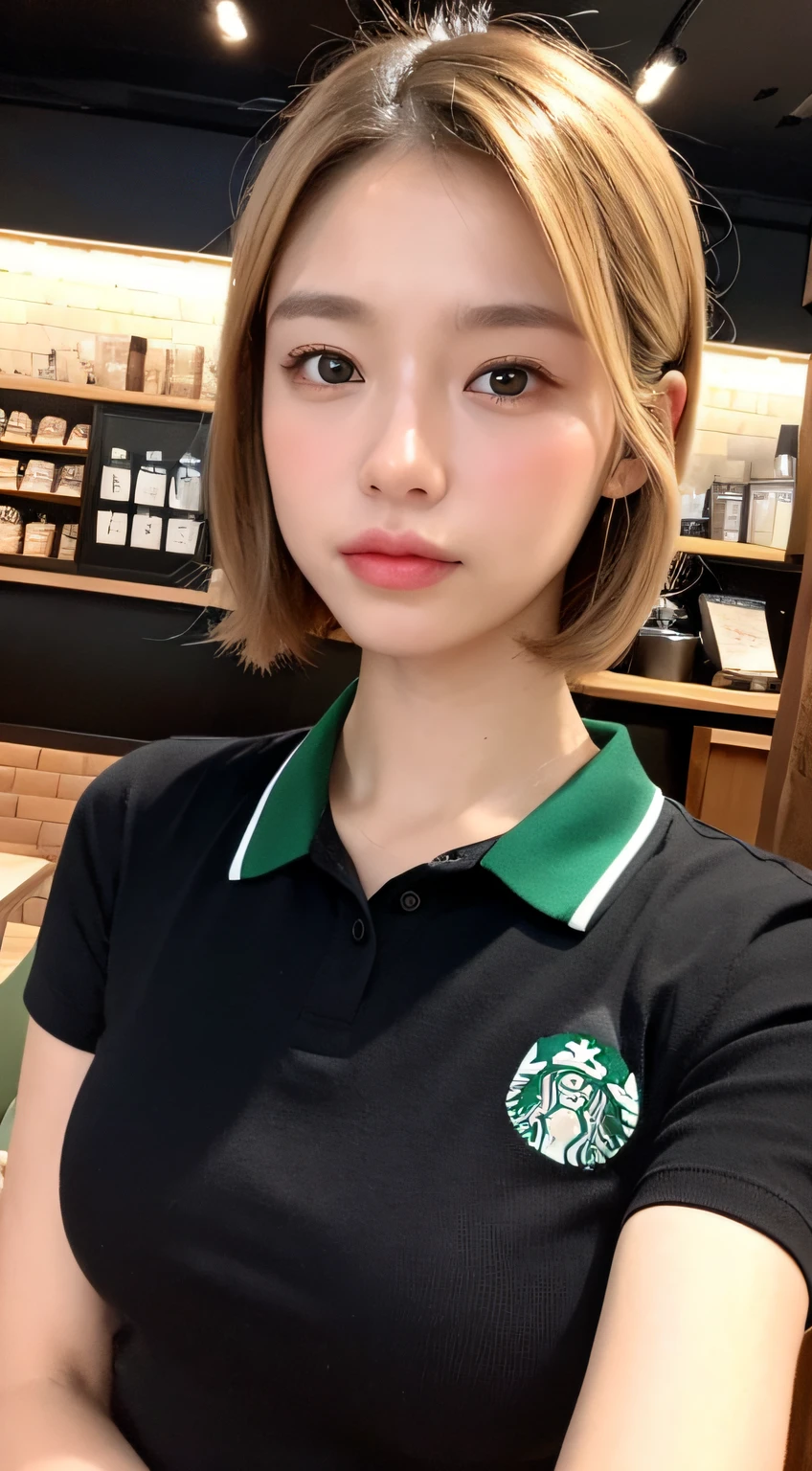 ((beste-Qualit、8K、​masterpiece:1.3))、foco nítido:1.2、A beautiful woman with perfect body:1.4、((Layered Haircut、small tits:1.2))、(no-bra) (Small and beautiful hard nipple) 、(Green apron over black polo shirt)、(Inside the Starbucks store:1.2)、Starbucks apron、Wet Body:1.1、Highly detailed facial and skin texture、 Detailed eye、双眼皮、sunburnt skin、A sexy、suntanned