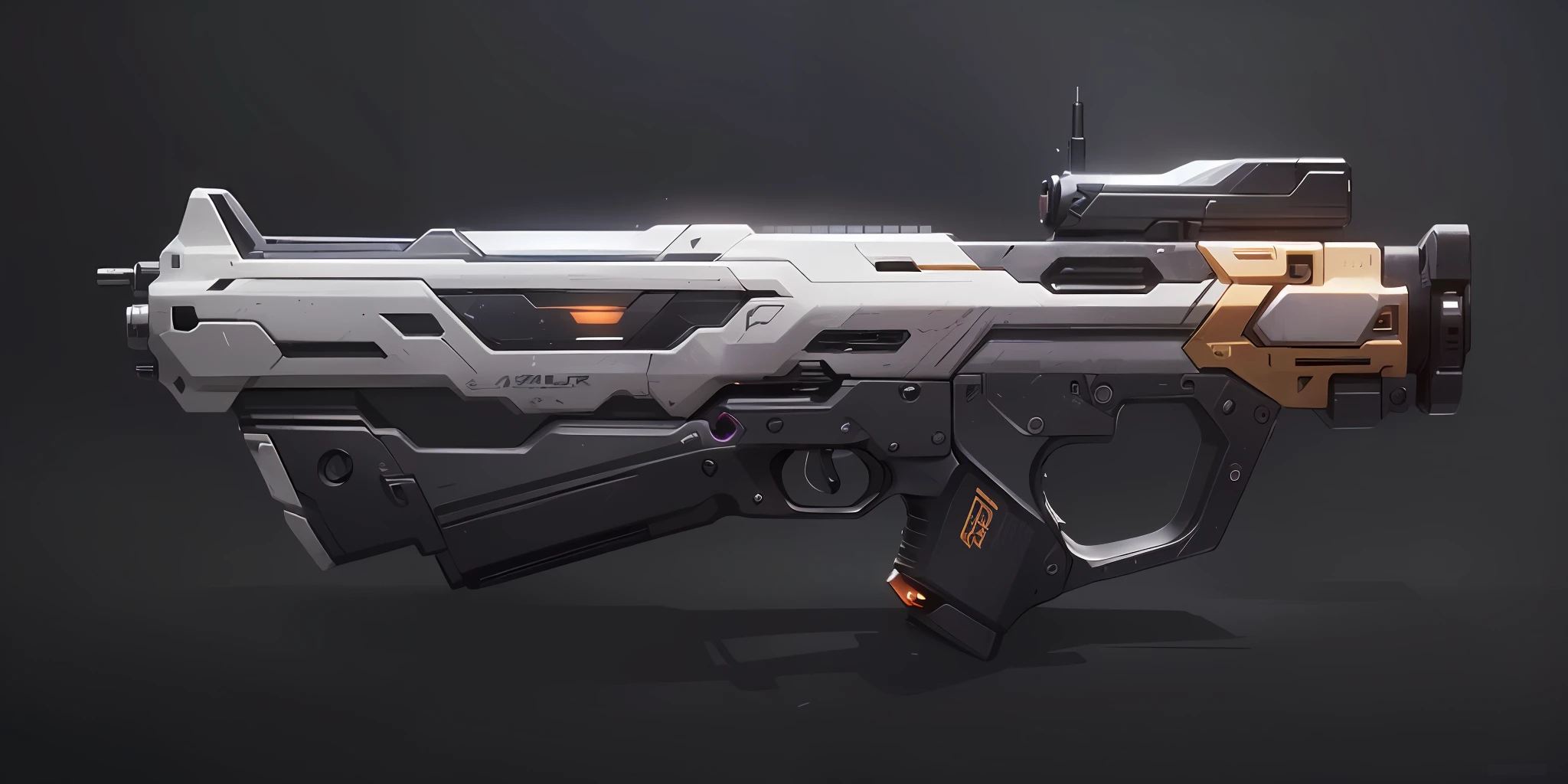 A gun，Close-up of the gun，( Top quality, Best quality, offcial art, Beautiful and aesthetic:1.2),(8K, Best quality, 巨作:1.2), (No Man:1.5), arma, greybackground, Simple background, arma, radio antenna, Science fiction,purple colour gradient