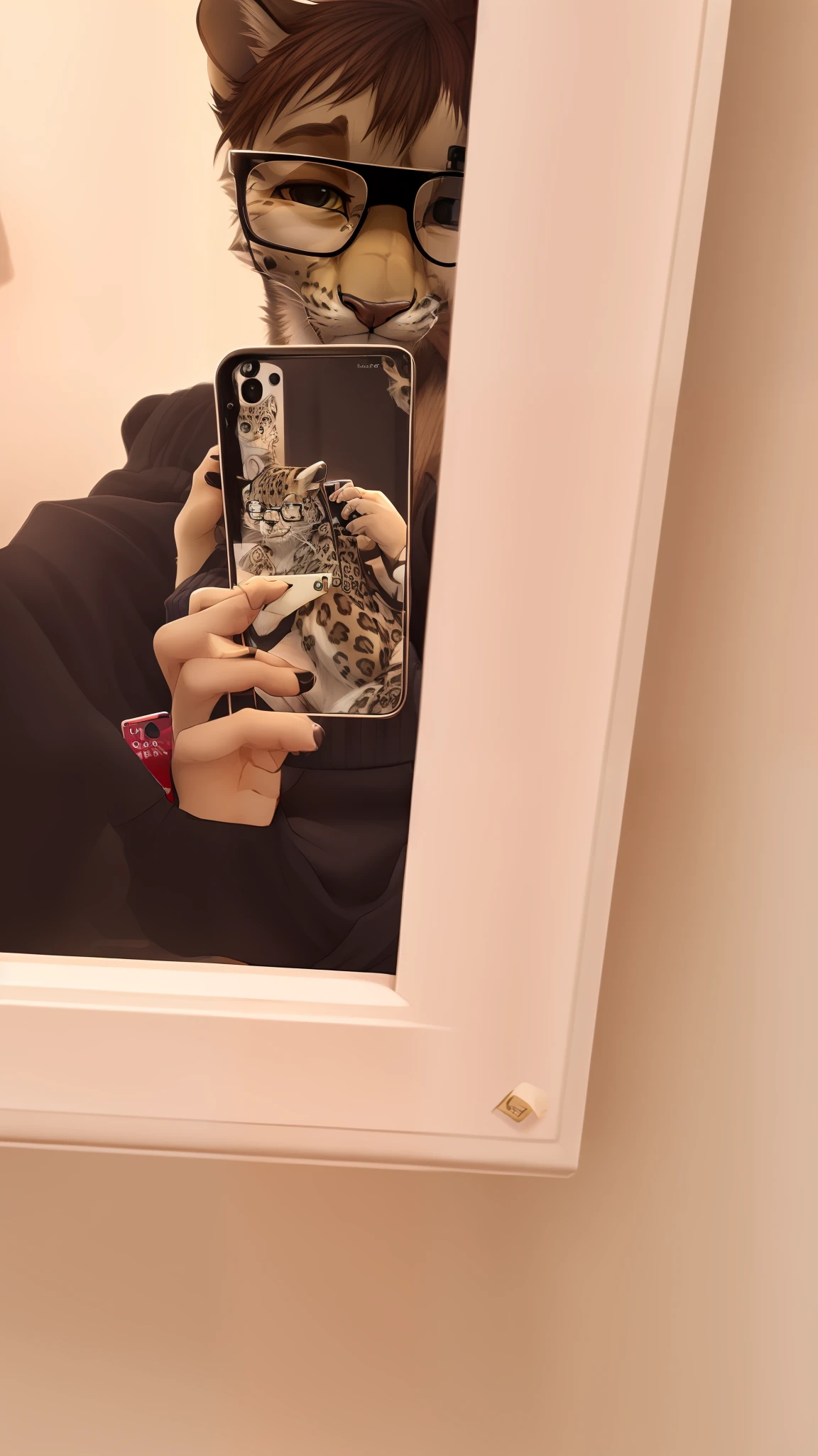 Snow leopard, furry, fursona, anthro furry, holding phone, black sweater, furry, wearing glasses, snow leopard anthro furry, fursona