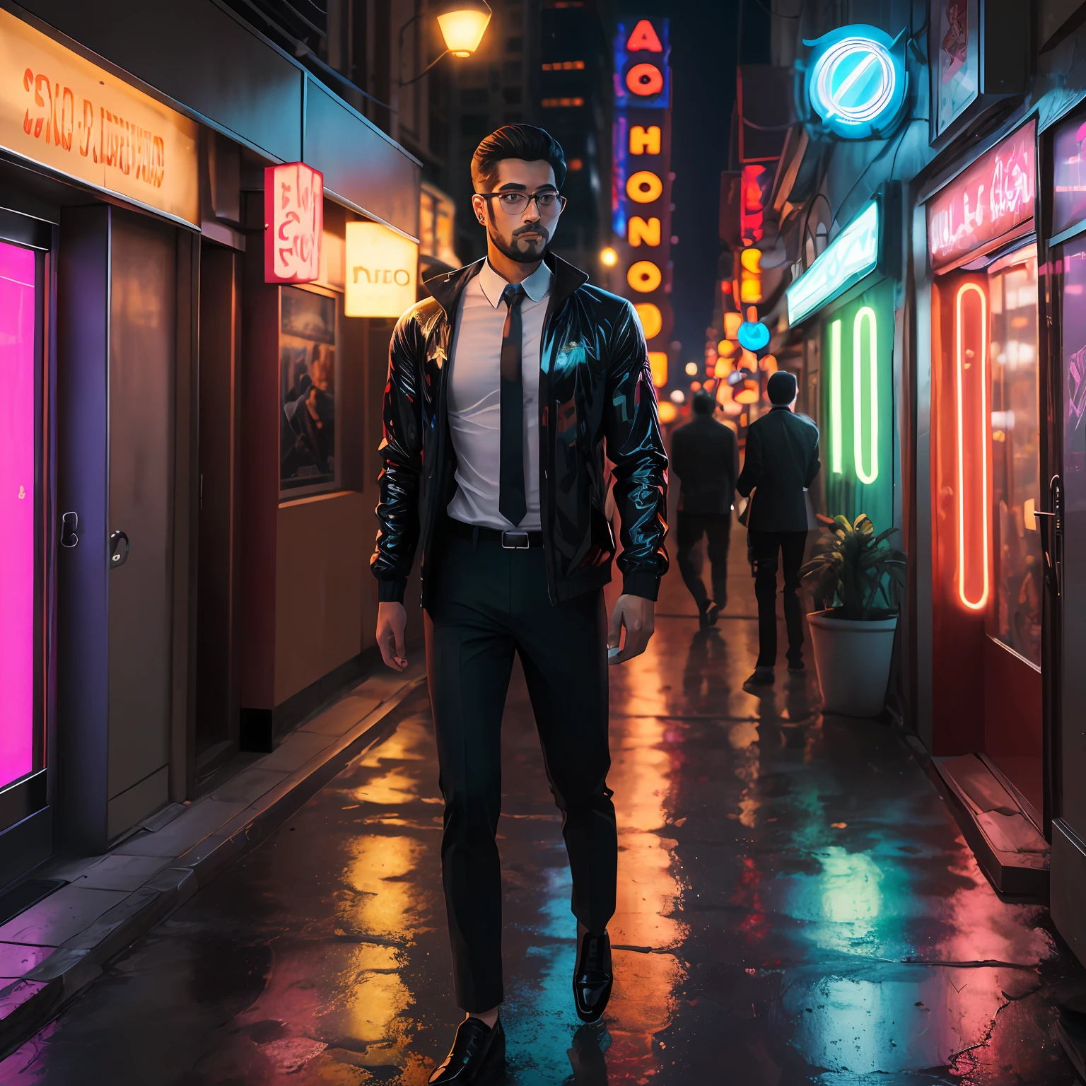 1 oriental male, big bumps, stubble. A 30-year-old muscular man wearing glasses, a  short reflective windbreaker, long-sleeved white shirt and tie, and leather shoes. Full body, soft lighting. In the city of neon lights and TV walls.(masterpiece, Best quality), 8K UHD, Digital SLR, filmgrain, (super detailed color, surreal), Fujifilm XT3 photorealistic painting art --auto